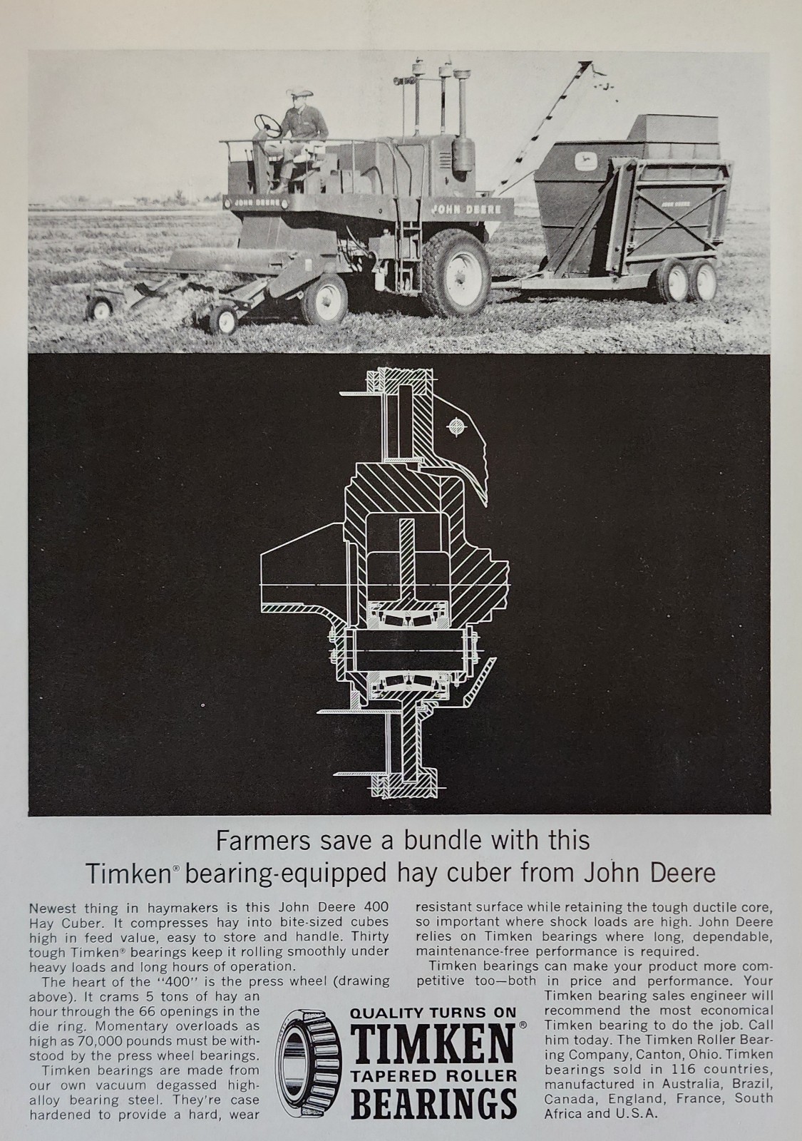 John Deere Tractor Picture Magazine Ad Original Vtg Decor Farm Equipment Timken