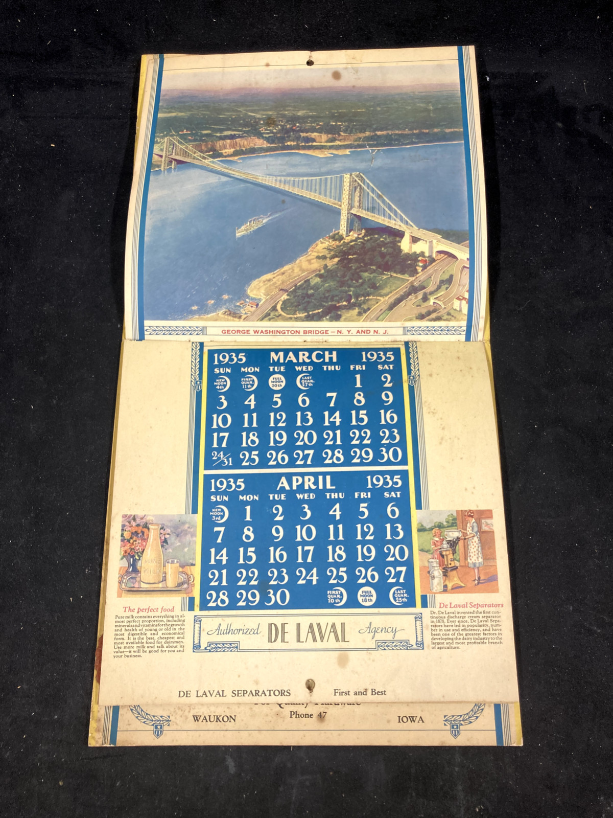 1935 DE LAVAL MILKERS & CREAM SEPARATORS NEW YEARS GREETINGS ADVERTISIN CALENDAR