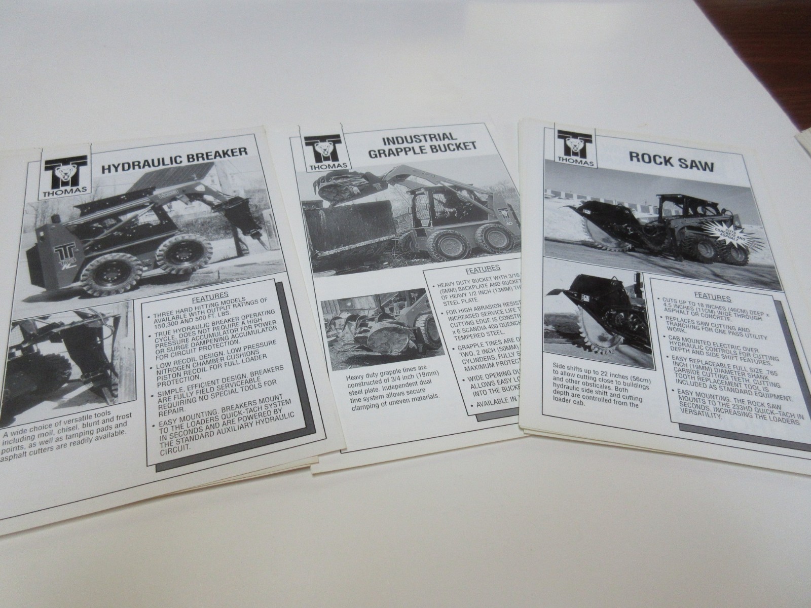 3 Thomas Hydraulic Breaker, Grapple Bucket, Rock Saw Brochures 6 pages