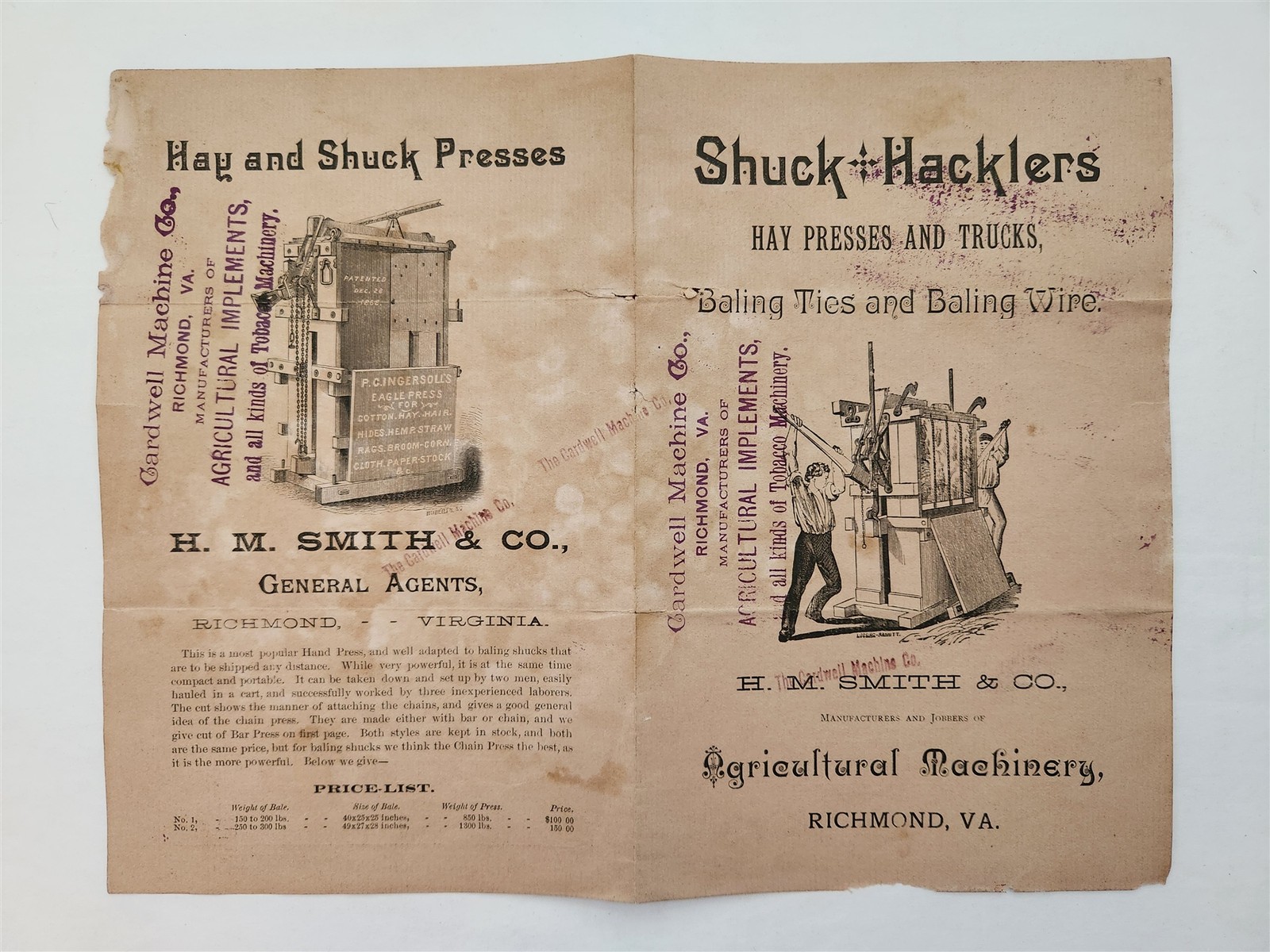 1890s antique H.M SMITH & Co richmond va AGRICULTURAL MACHINERY shuck hackler AD