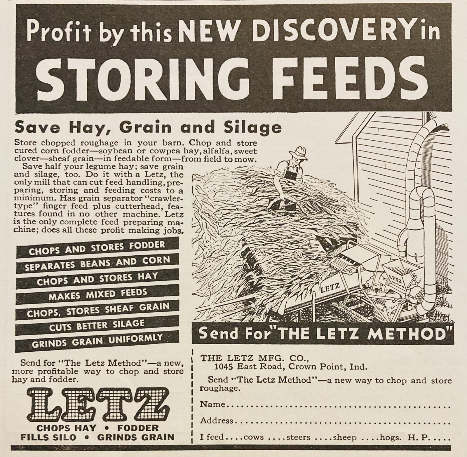 1936 AD.(XH82)~LETZ MFG. CO. EAST RD. CROWN PT. IND. LETZ SILAGE CHOPPERS