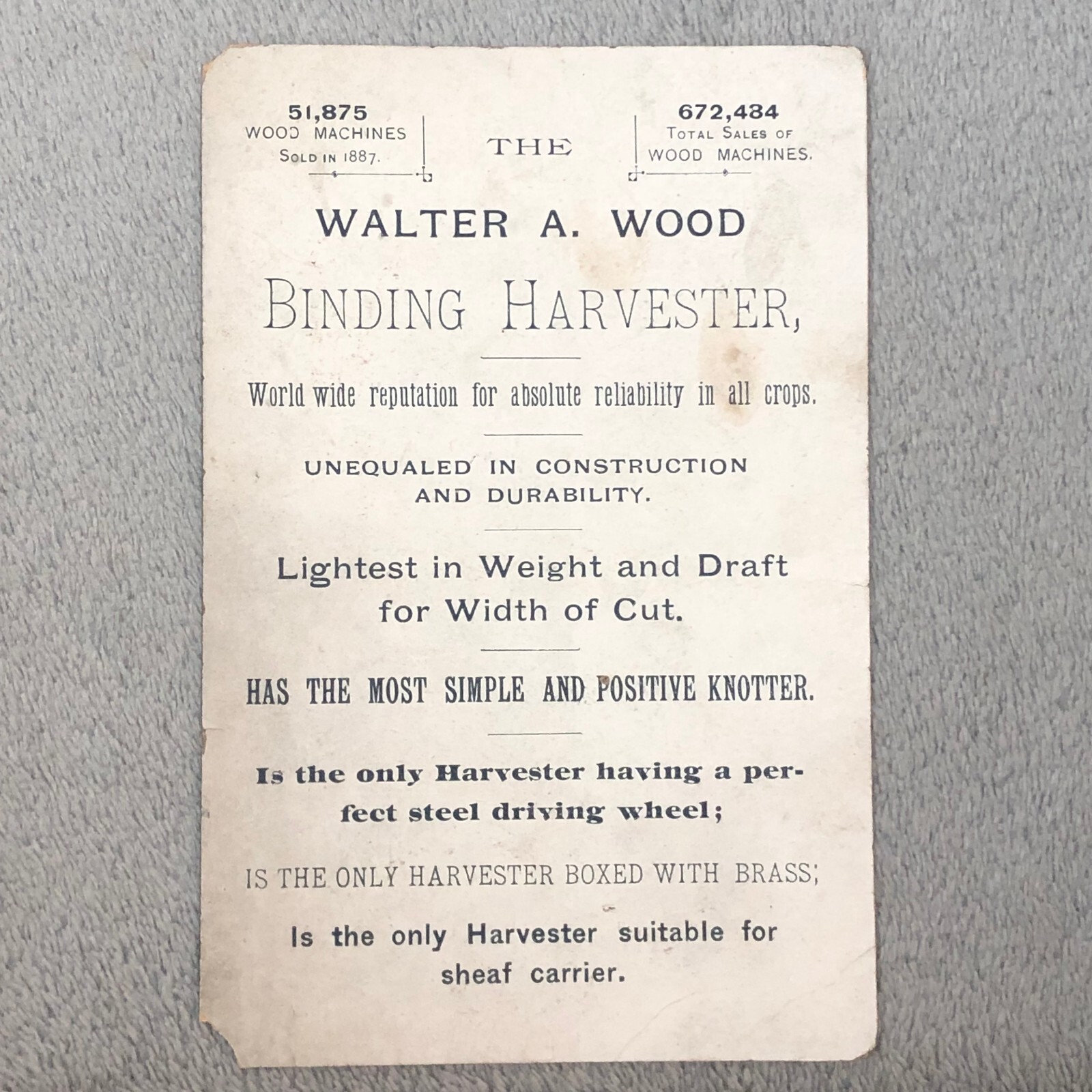 Vintage 1880s Walter A. Wood Trade Card – Mowing + Reaping Machine Co. FREE SHIP