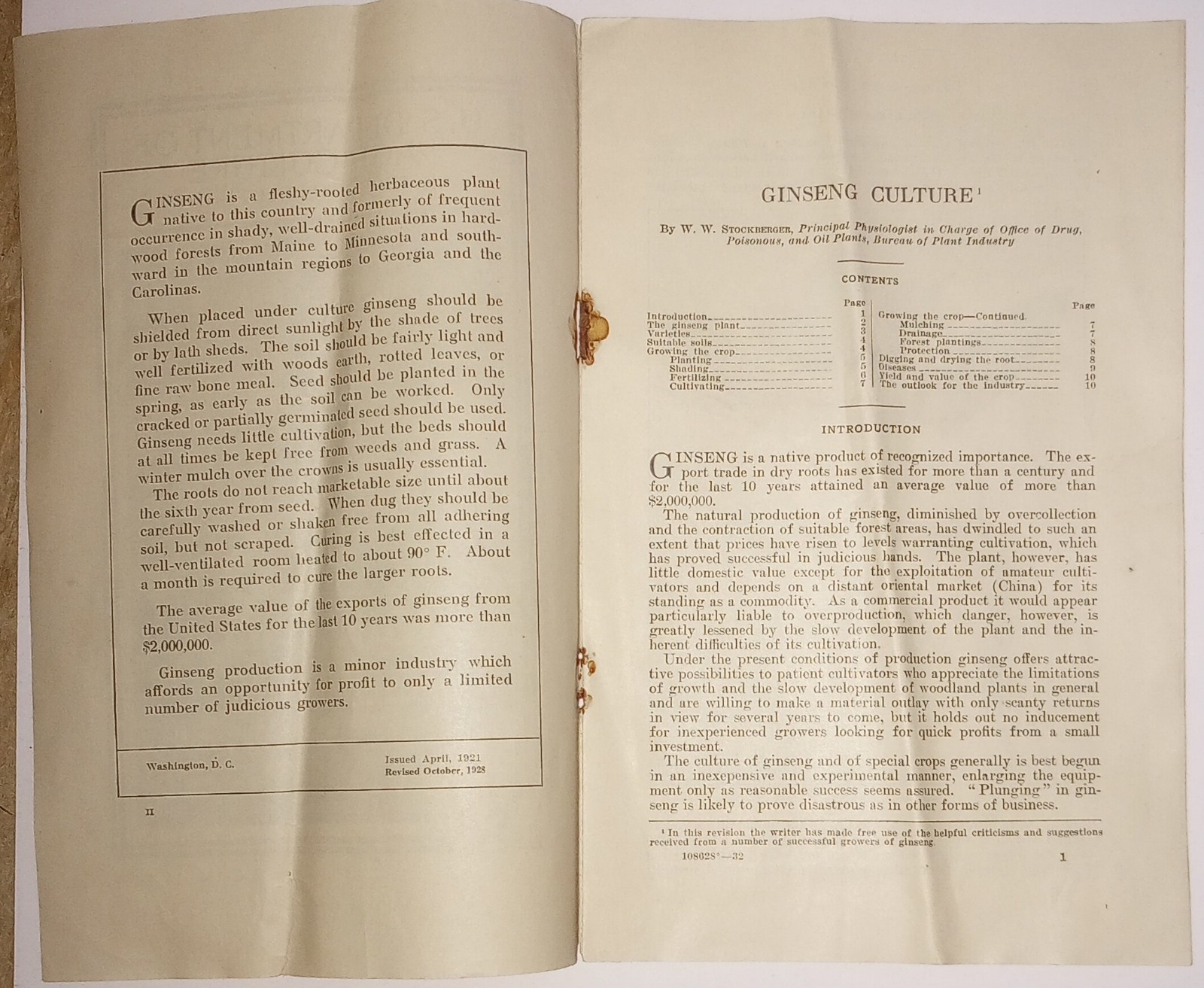 1933 Department Of Agriculture Farmers Bulletin #1184 Ginseng Culture Original
