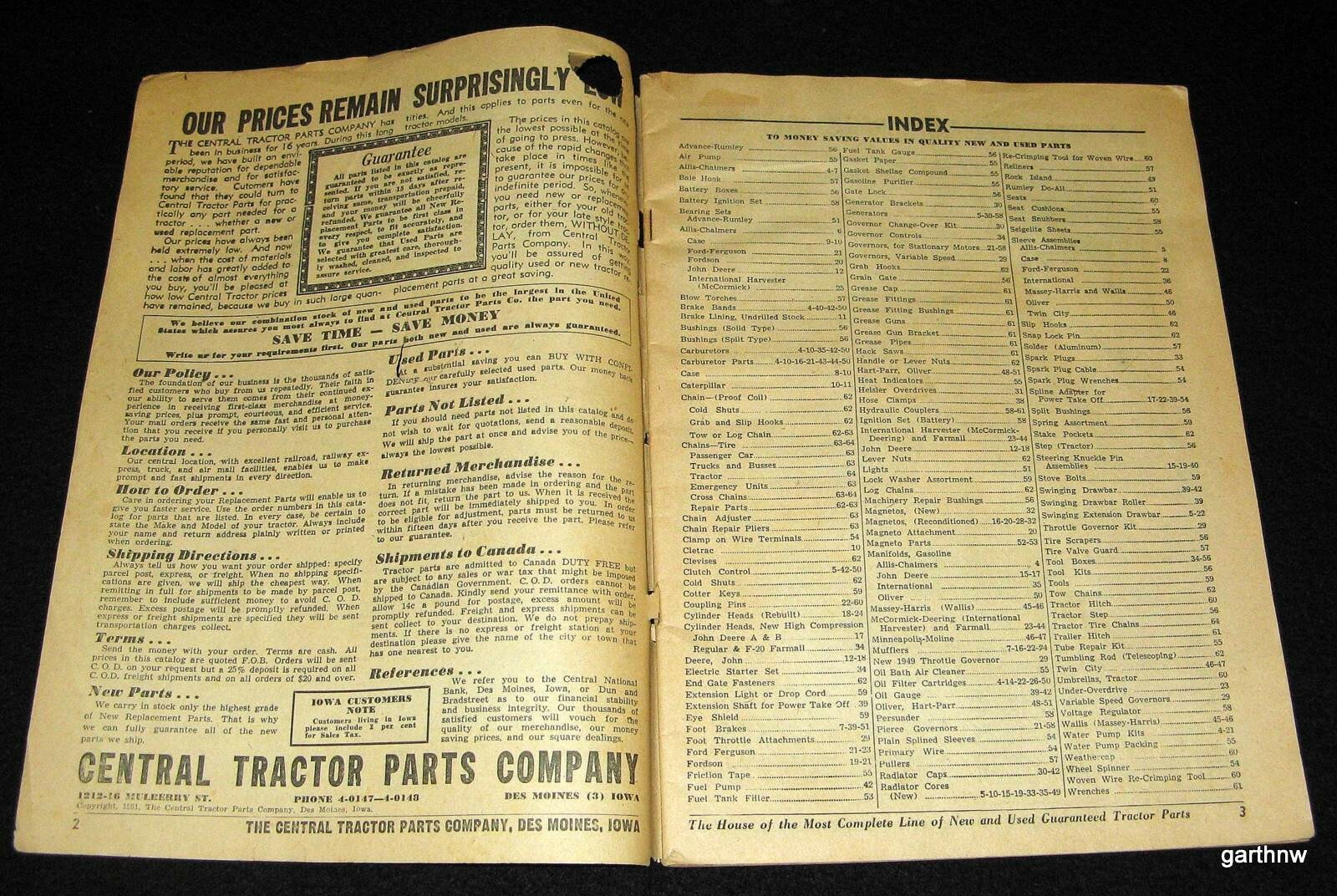 TRACTOR PARTS 1951 CATALOG CENTRAL COMPANY DES MOINES IOWA PICTORIAL PRICE LIST