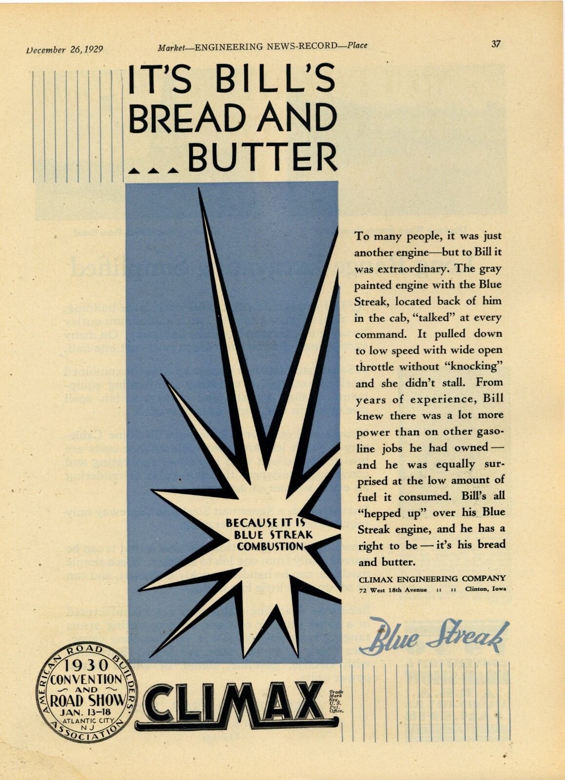 1929 Climax Diesel Engines Ad: BLUE STREAK COMBUSTION – Clinton, Iowa