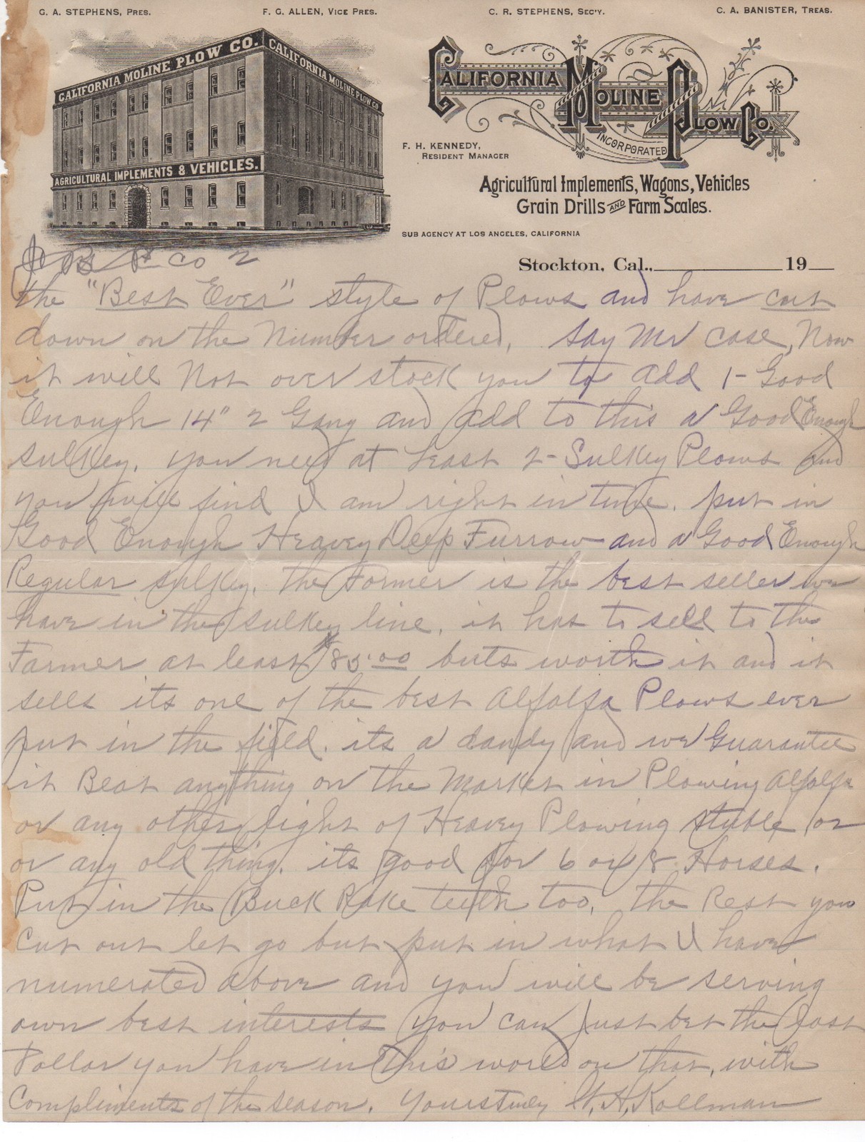 1915 Letter from California Moline Plow Co LA to J.B. Case Paradise Valley NV