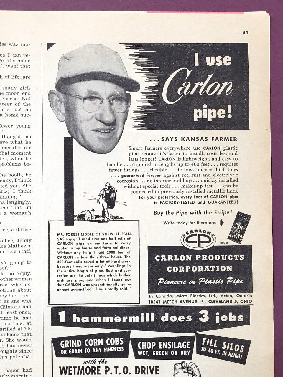 Original 1953 Carlon Pipe Ad Endorsed by Forrest Liddle of Stilwell Kansas