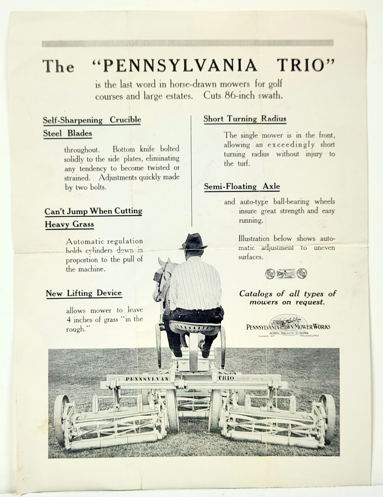 1920&rsquo;s Pennsylvania Trio Horse Drawn Lawn Mowers Advertising Circular