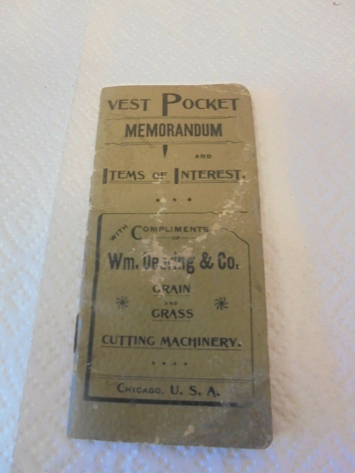 pocket notebook william deering chicago 1891 grain grass cutting machinery rough