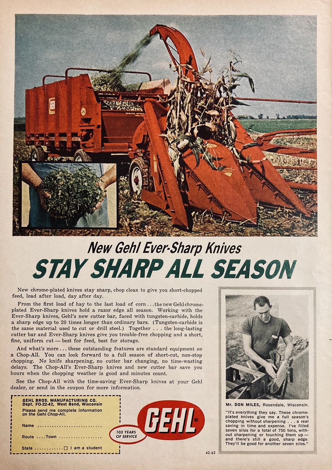 1962 AD.(XH59)~GEHL BROS. MFG. CO. WEST BEND, WISC. CHOP-ALL EVER-SHARP KNIVES