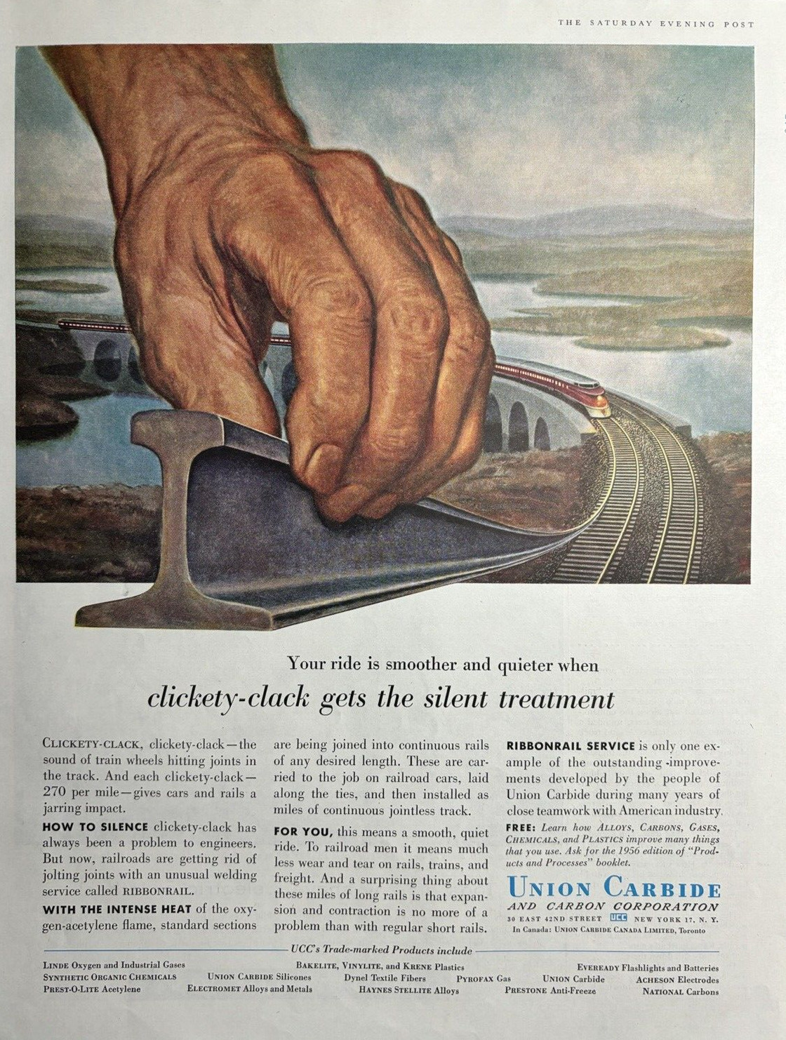 1956 Union Carbide Carbon Corporation Train Track Clickety Clack VTG Print Ad