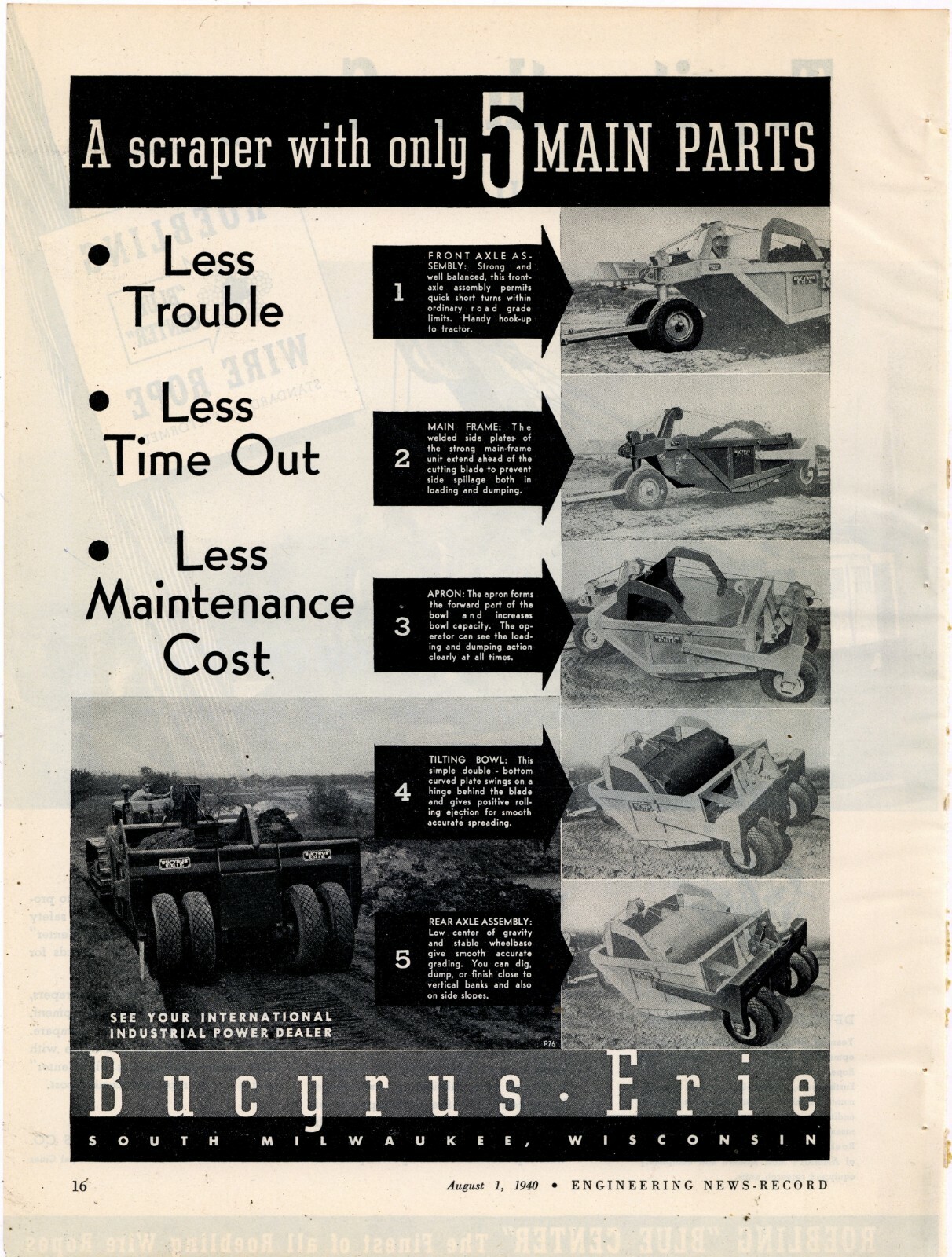 1940 Bucyrus Erie Equipment Ad: BE Scraper Features & Pictures – South Milwaukee