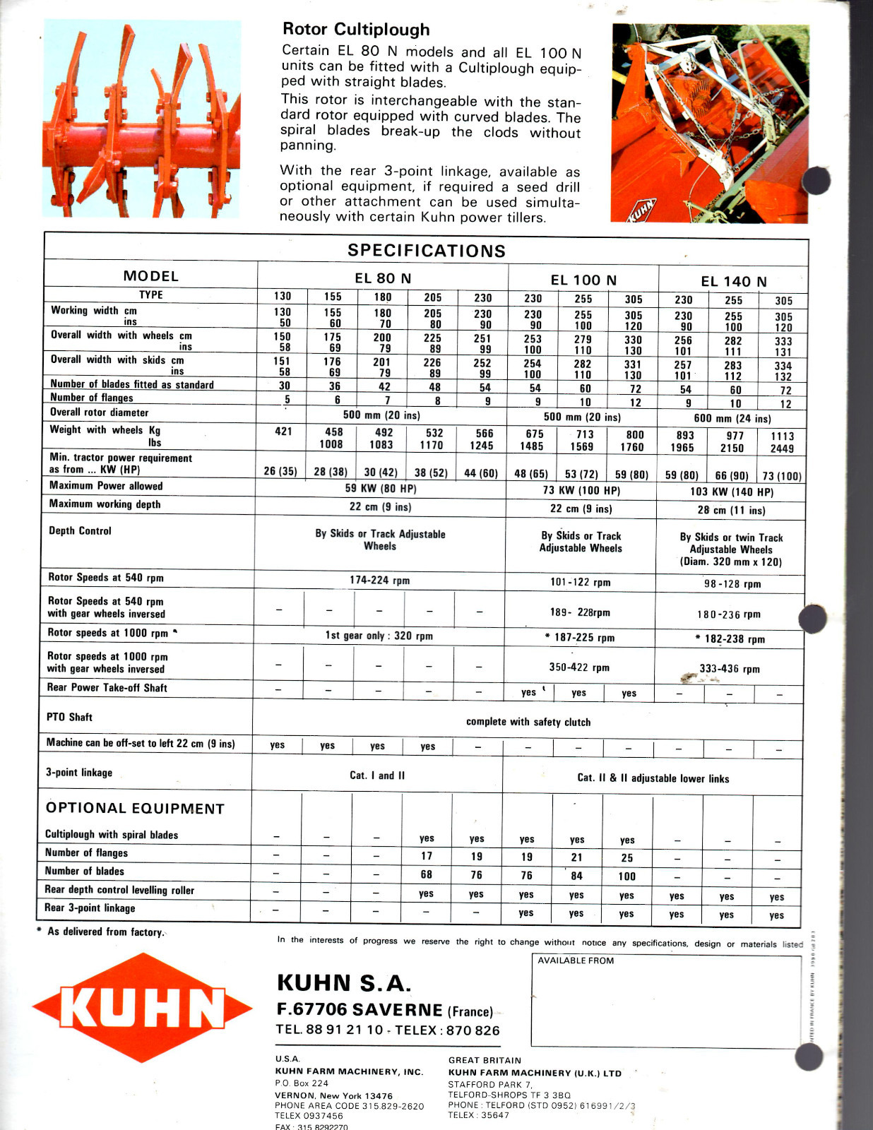 KUHN POWER TILLERS EL 80 N-EL 100 N-EL 140 N-SALES BROCHURE