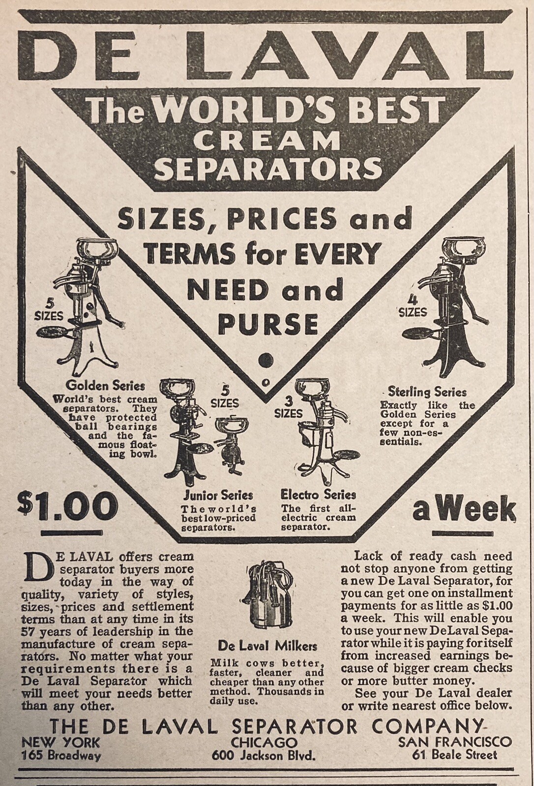 1935 AD.(XH23)~DE LAVAL SEPARATOR CO. CHICAGO. WORLDS BEST CREAM SEPARATORS