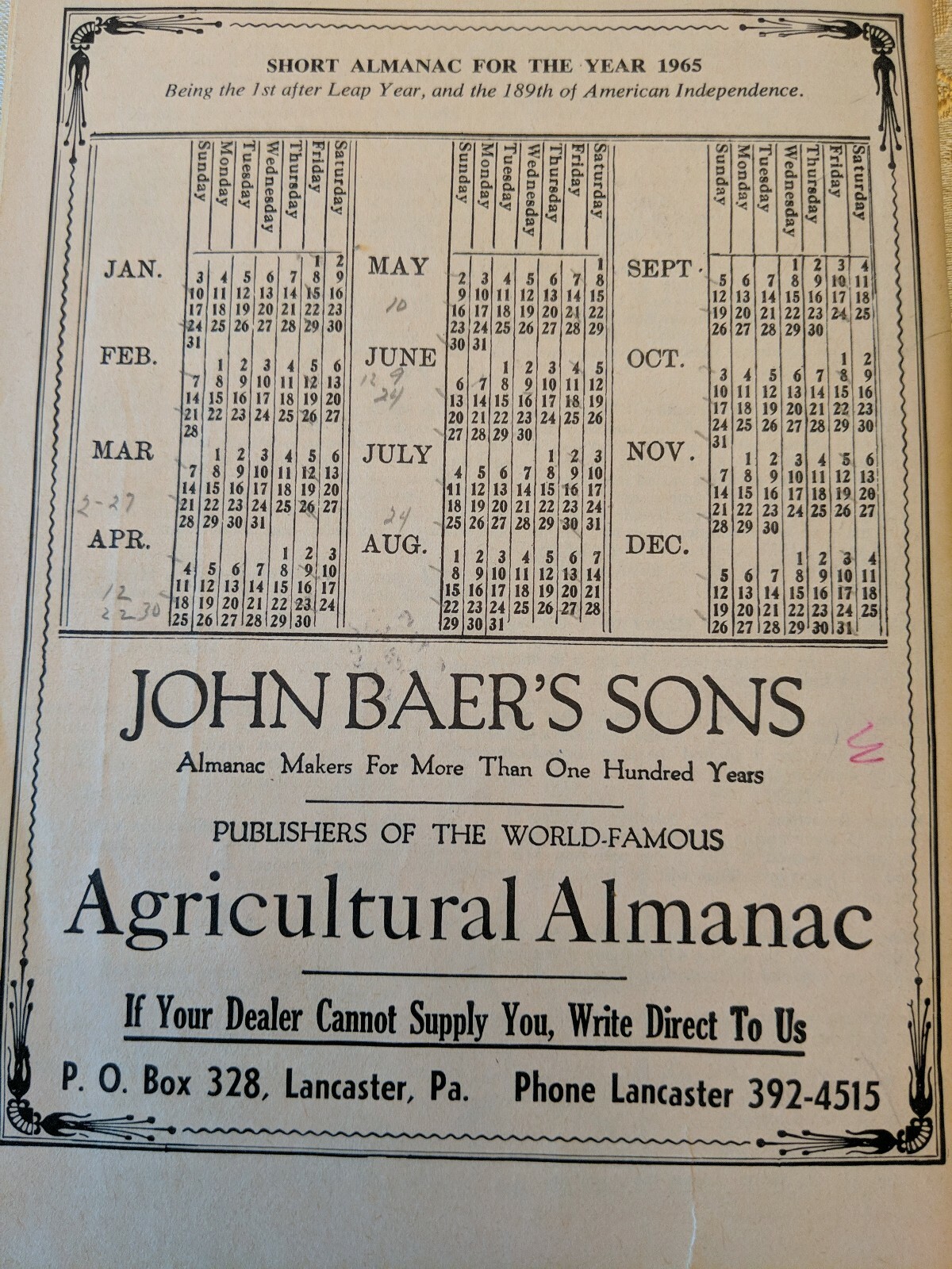 John Baer&rsquo;s Sons Agricultural Almanac for the Year 1965, Lancaster, Pennsylvania