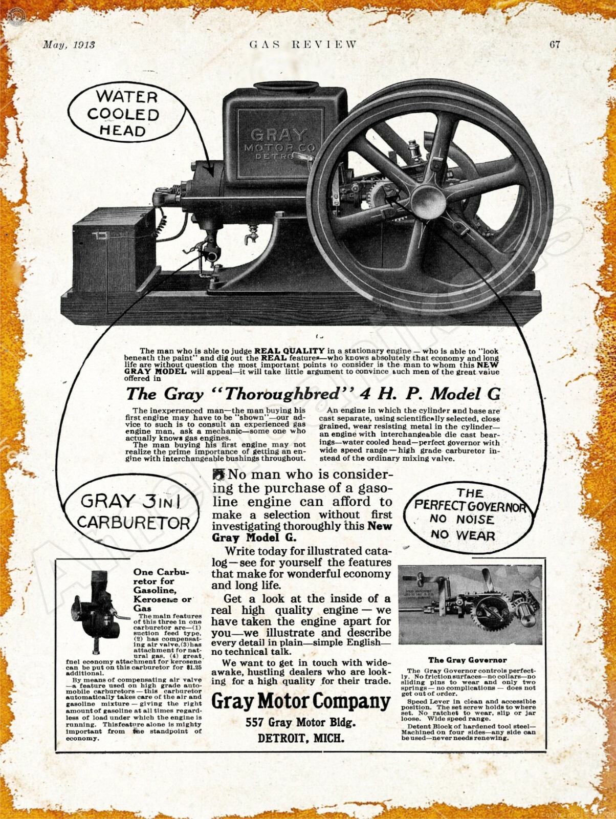 1913 Gray Motor Gas Engine Thoroughbred Model G New Metal Sign: Detroit Michigan