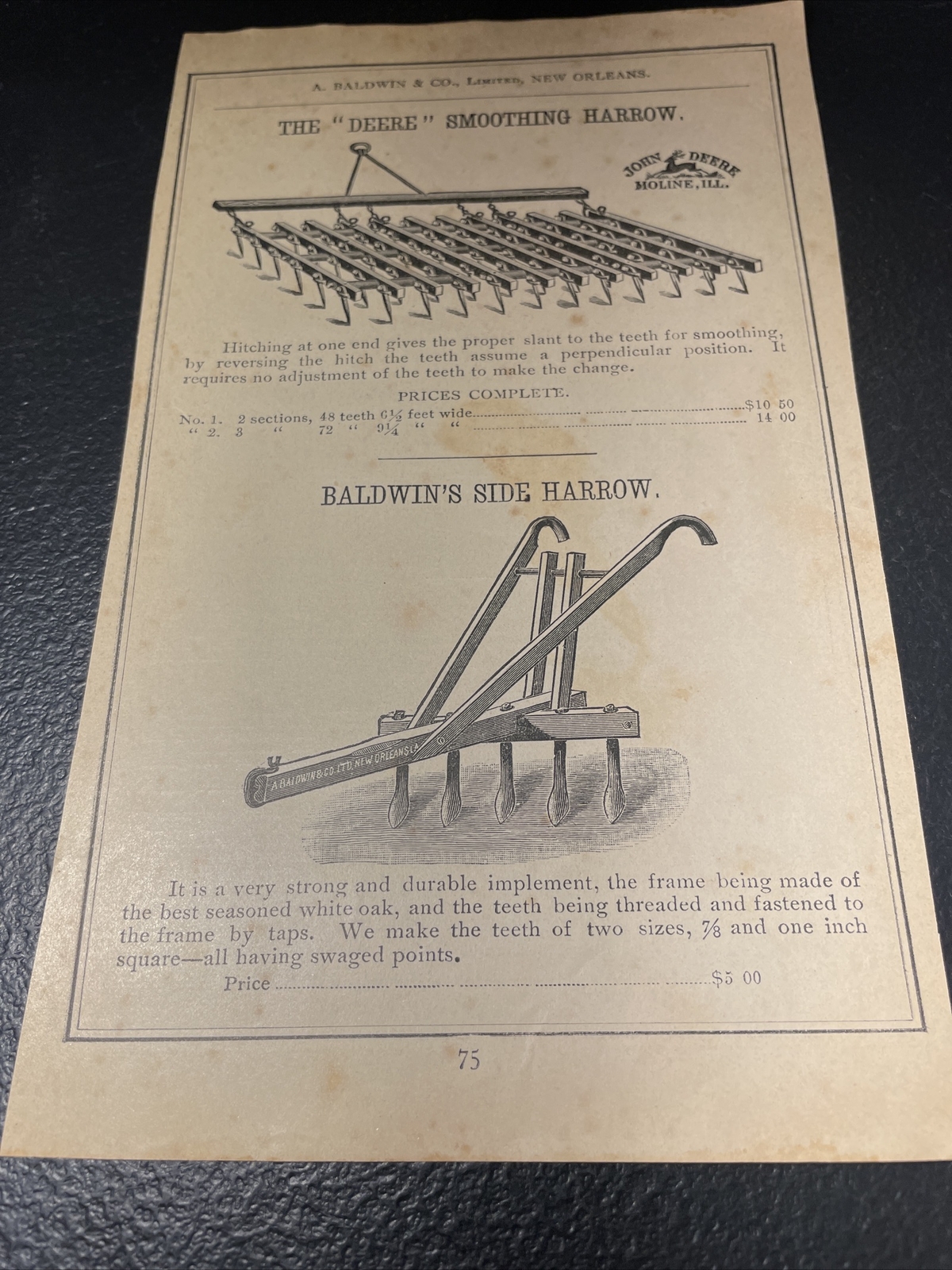 1891 Baldwin – John Deere Smoothing Harrow Farm Advertising – New Orleans