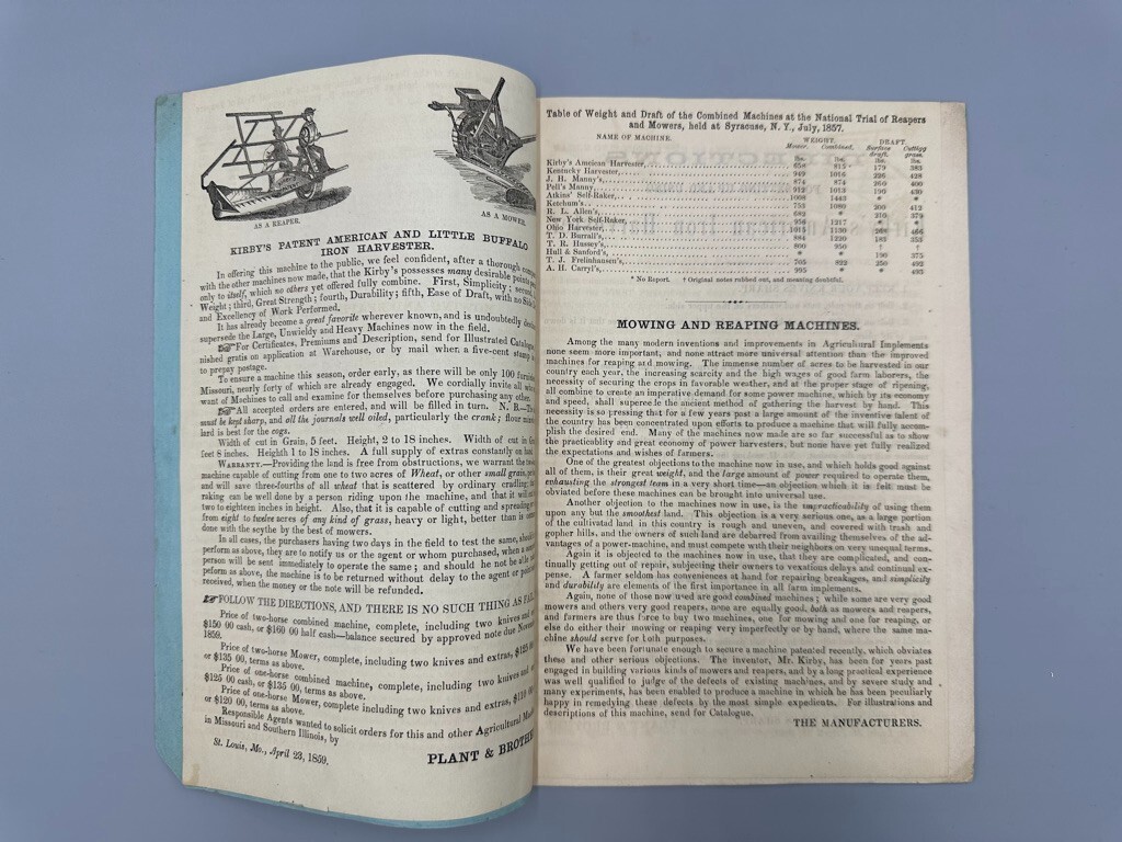 1859 KIRBY American Little Buffalo IRON HARVESTER Farm Advertising ST LOUIS