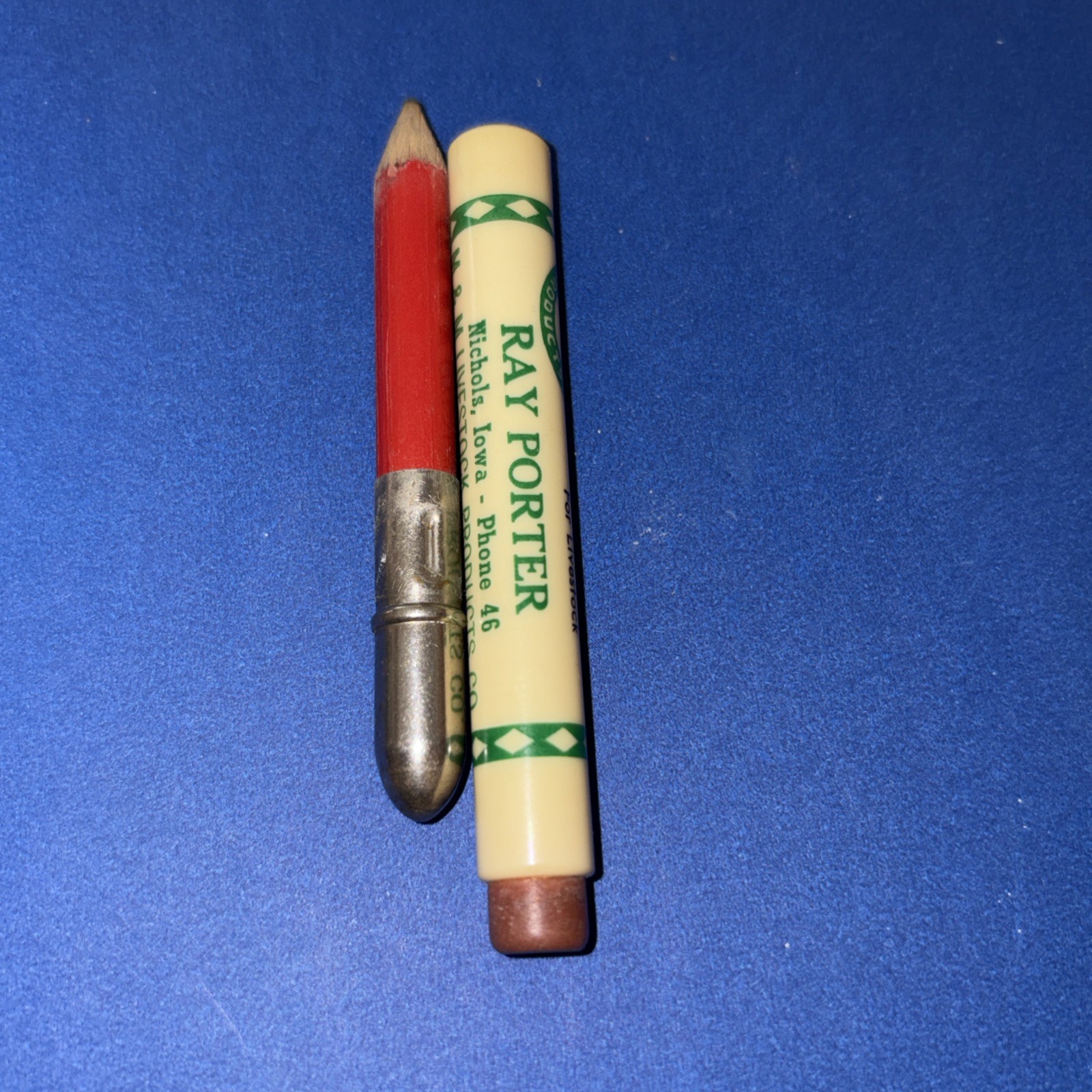Vtg M & M Livestock Products Bullet Pencil Ray Porter – Nichols, Iowa Vtg Ph #