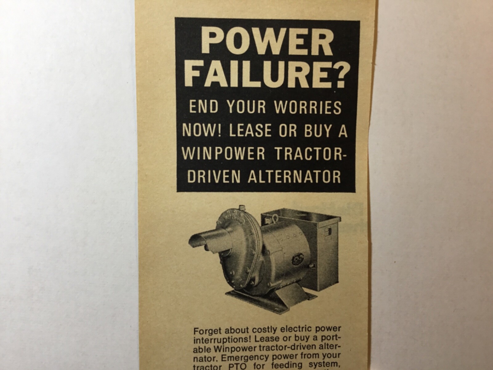 WindPower Manufacturing Co. Newton, Iowa. 1968 Ad. Tractor Driven Alternator