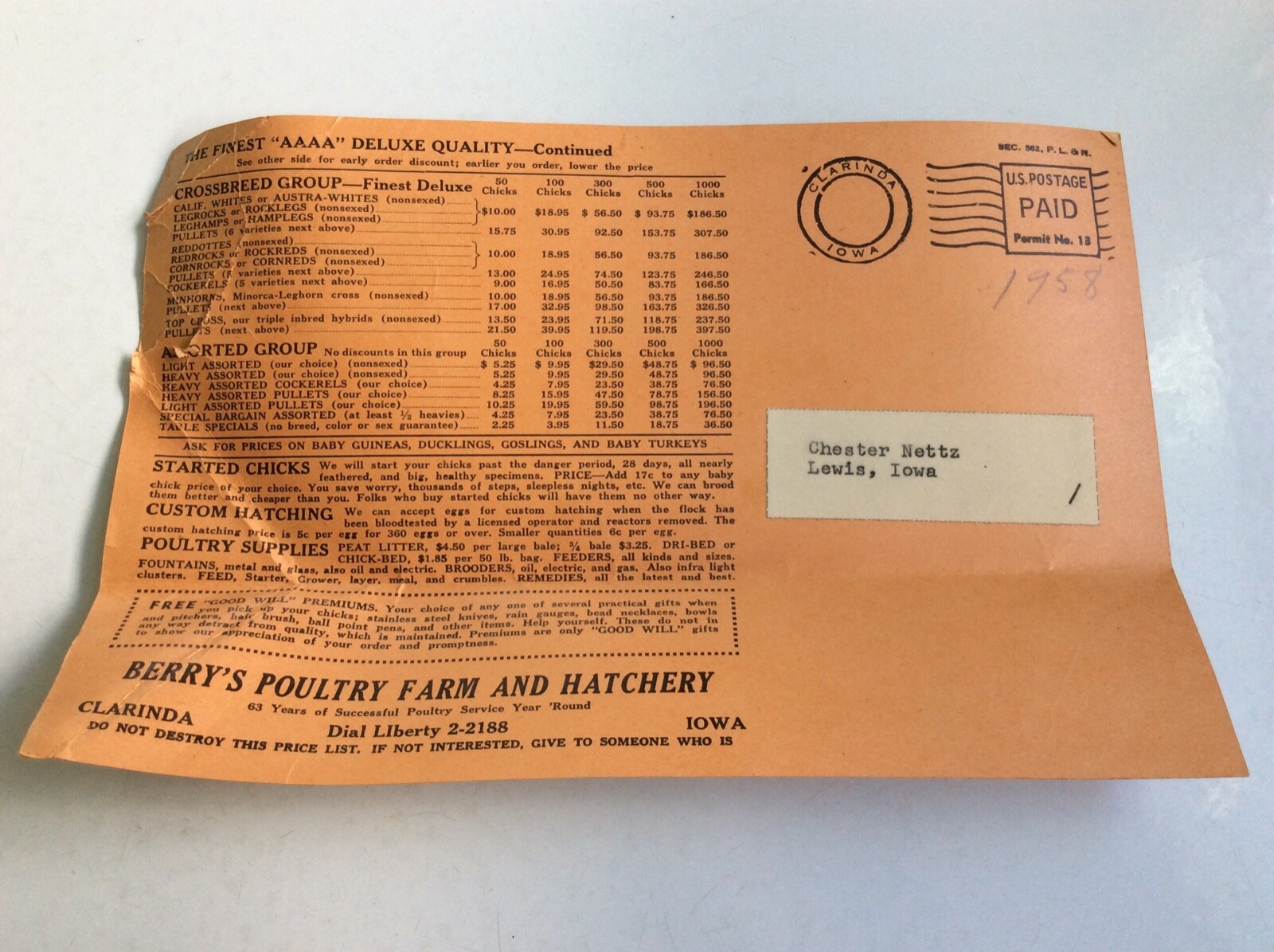 1956-58 Berry’s Farm & Hatchery Chick & Poultry Brochures W/Prices Clarinda Iowa