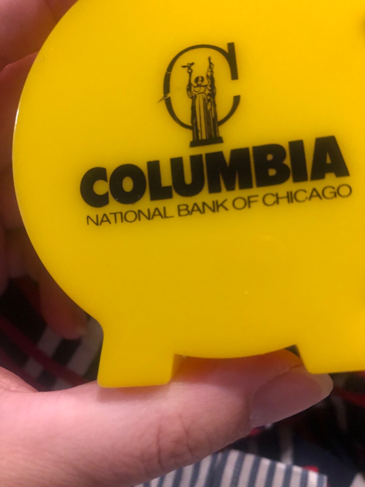 Vintage 80’s Yellow Plastic Piggy Bank EUC Columbia national bank of Chicago 