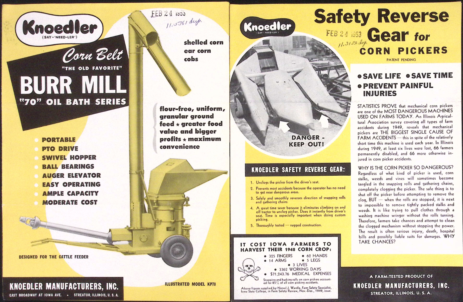 1953 Knoedler Safety Reverse Gear for Corn Pickers Corn Belt Burr Mill Brochure