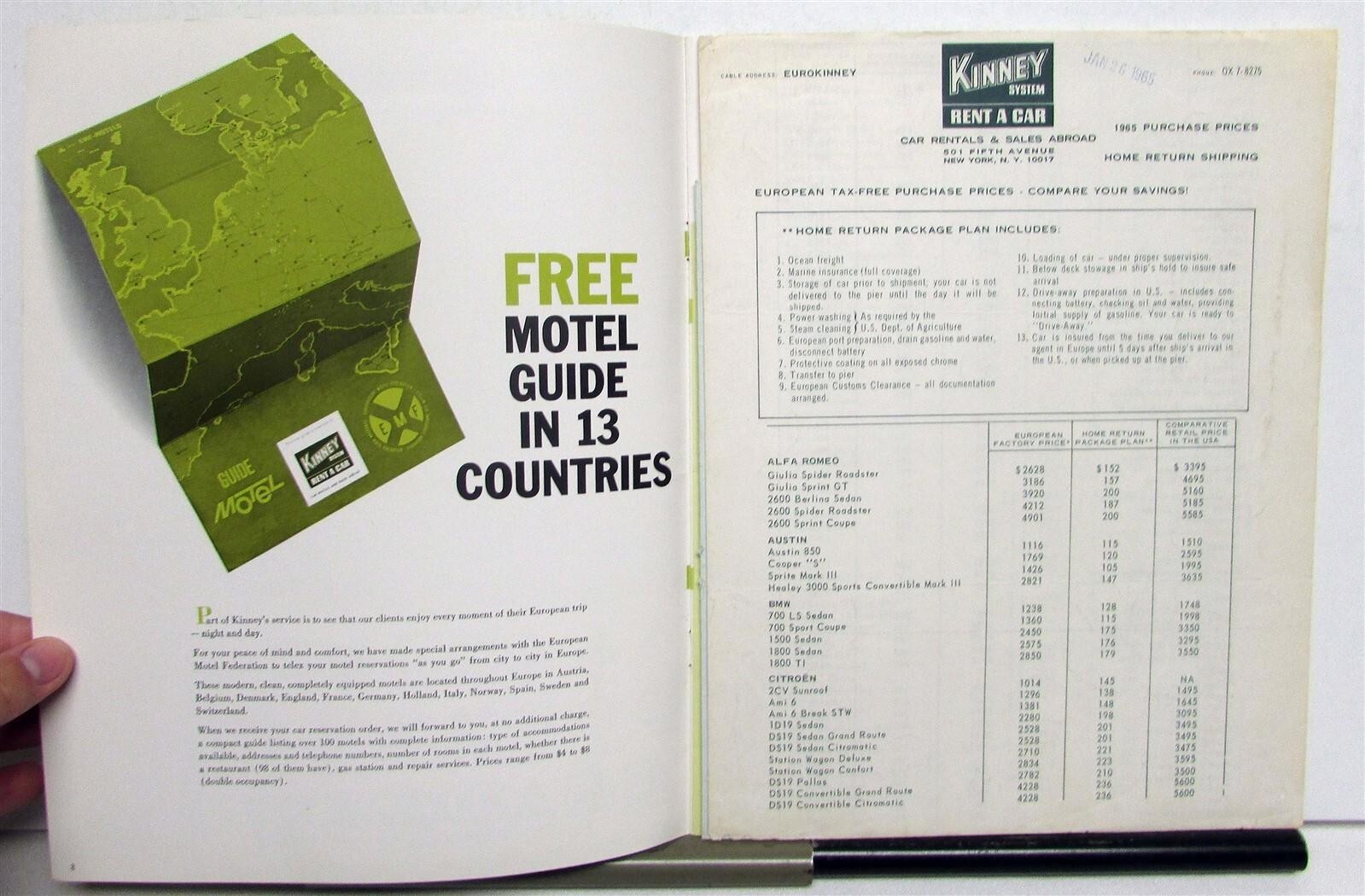 1965 Kinney System Driving Abroad Car Rental & Sales Price List Sales Brochure