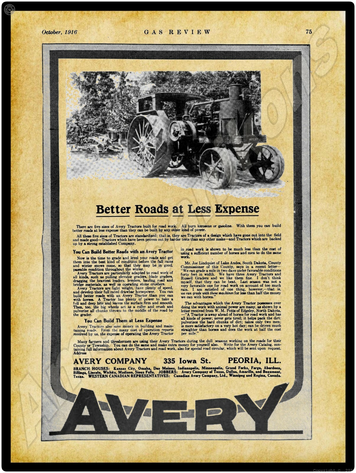 1916 Avery Road Building Tractors New Metal Sign: Peoria, Illinois/Lake Andes SD