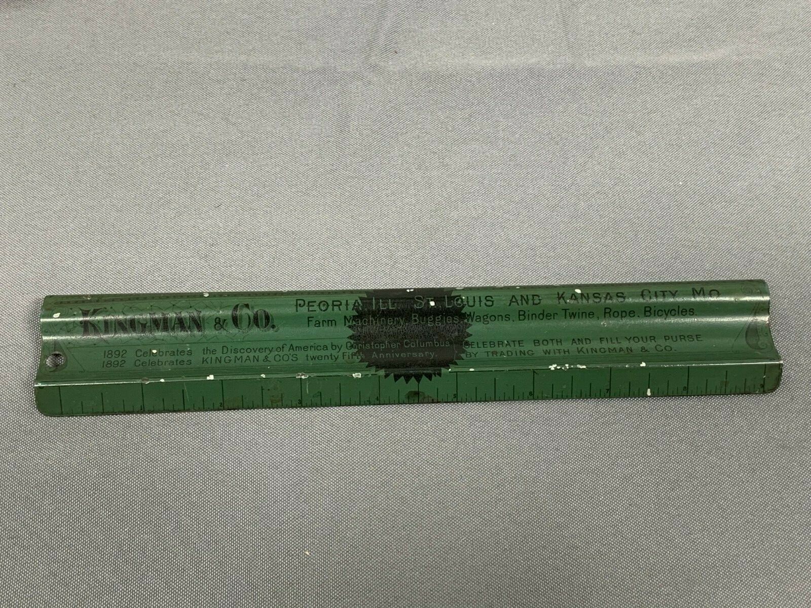 1892 KINGMAN & CO Farm Plow Wagon Binder Twine Bicycle METAL RULER Kansas City