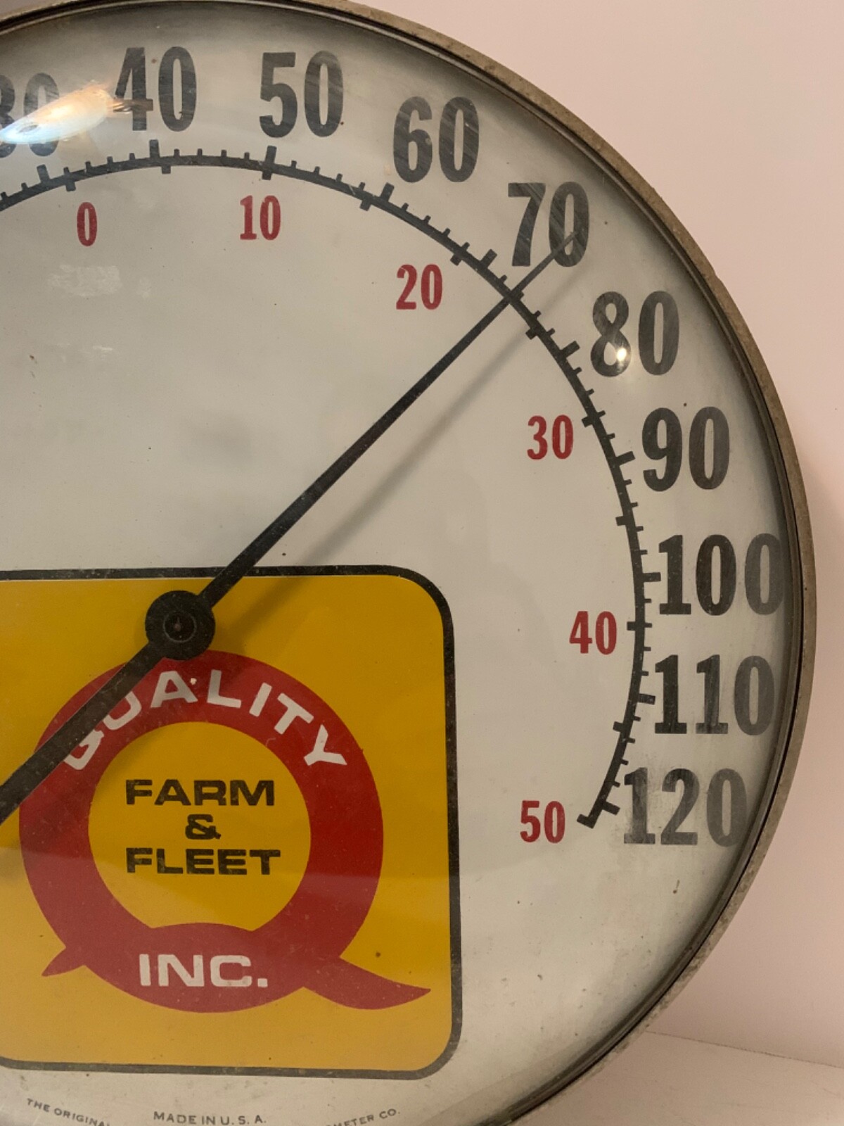 Vintage Quality Farm & Fleet tin metal round Thermometer glass