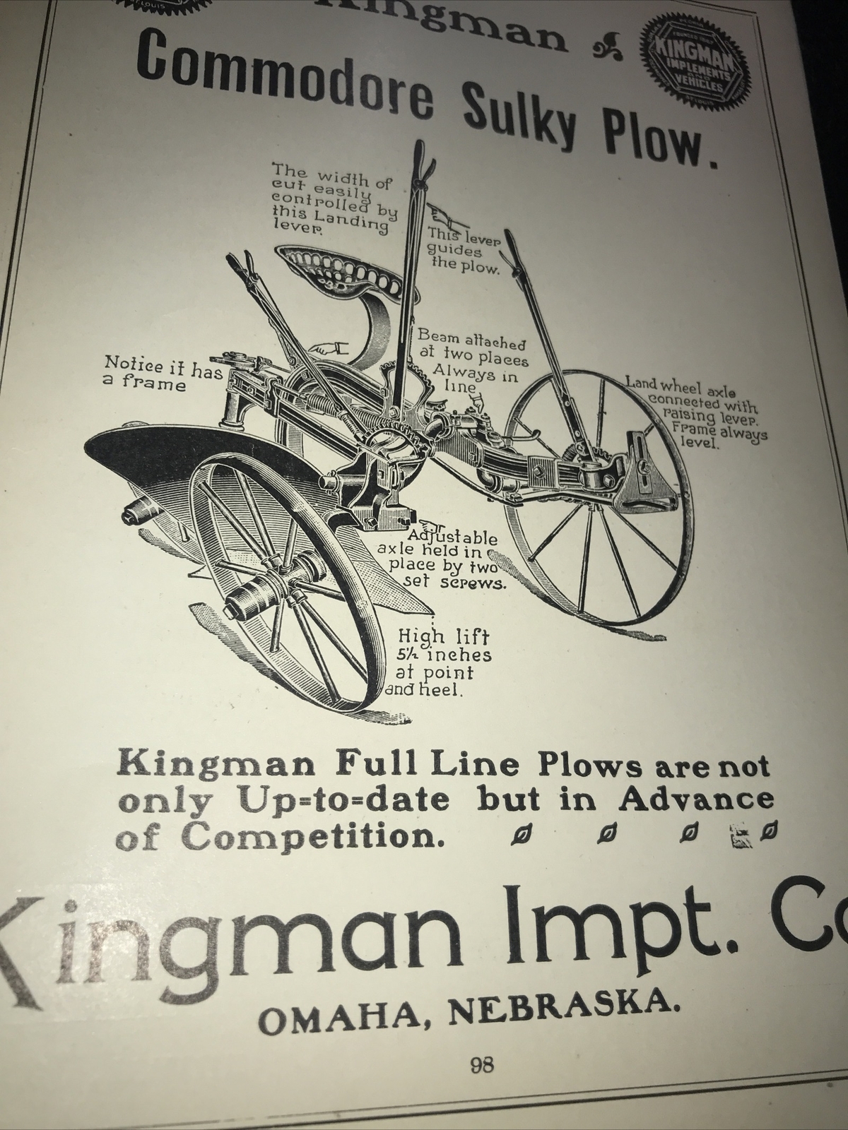 ORIGINAL 1905 Kingman Commodore Sulky Plow Farm Advertising – Omaha – Nebraska