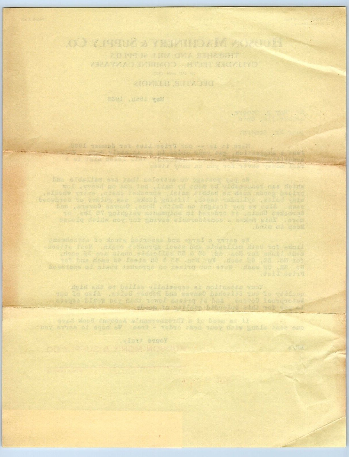 1936 Hudson Machinery Supply Co. Decatur Illinois Catalog Price List Letterhead