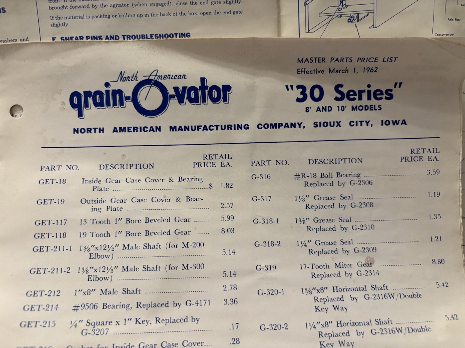 VINTAGE NORTH AMERICAN GRAIN O VATOR SERIES 30 Models 8 And 10 Manual