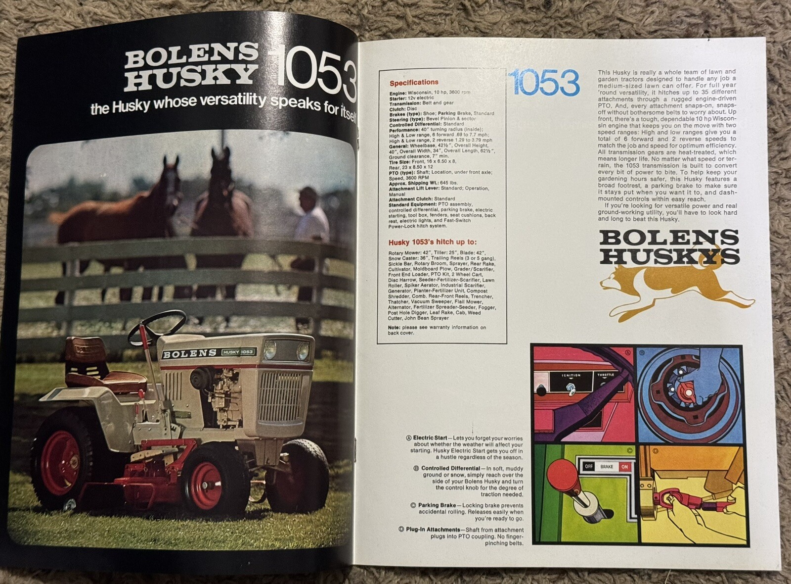 2 Vintage Bolens Husky Big Tractor Original Brochures 1970’s Mowers Tillers