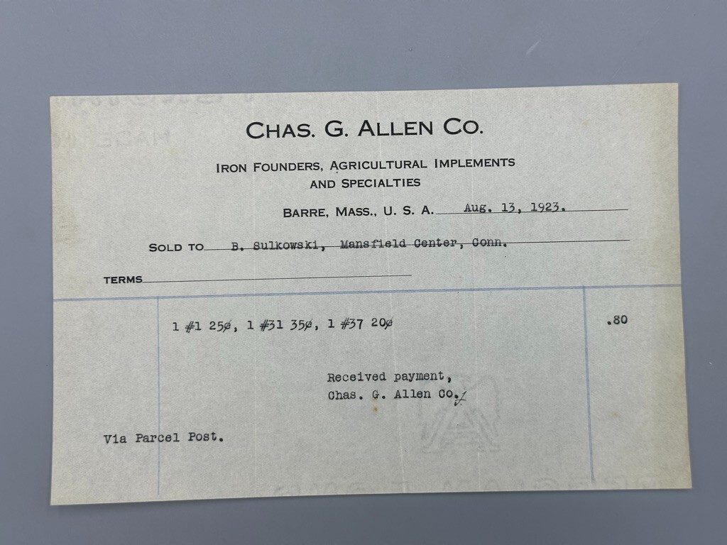 1923 Chas Allen IRON FOUNDERS Antique FARM MACHINERY Advertising Letter BARRE MA