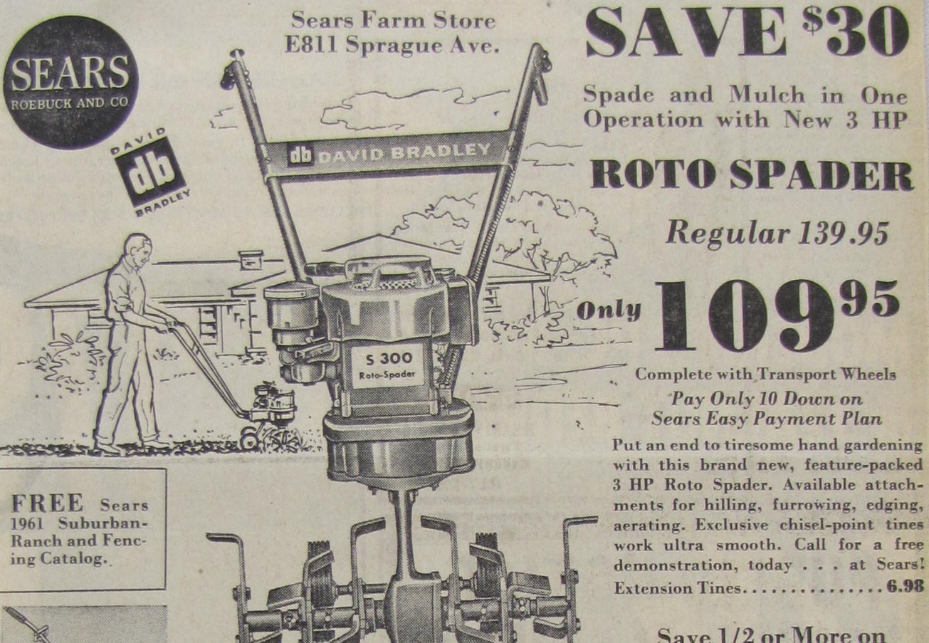 Vintage 1961 BRADLEY Roto Spader Tiller Newspaper Print Ad
