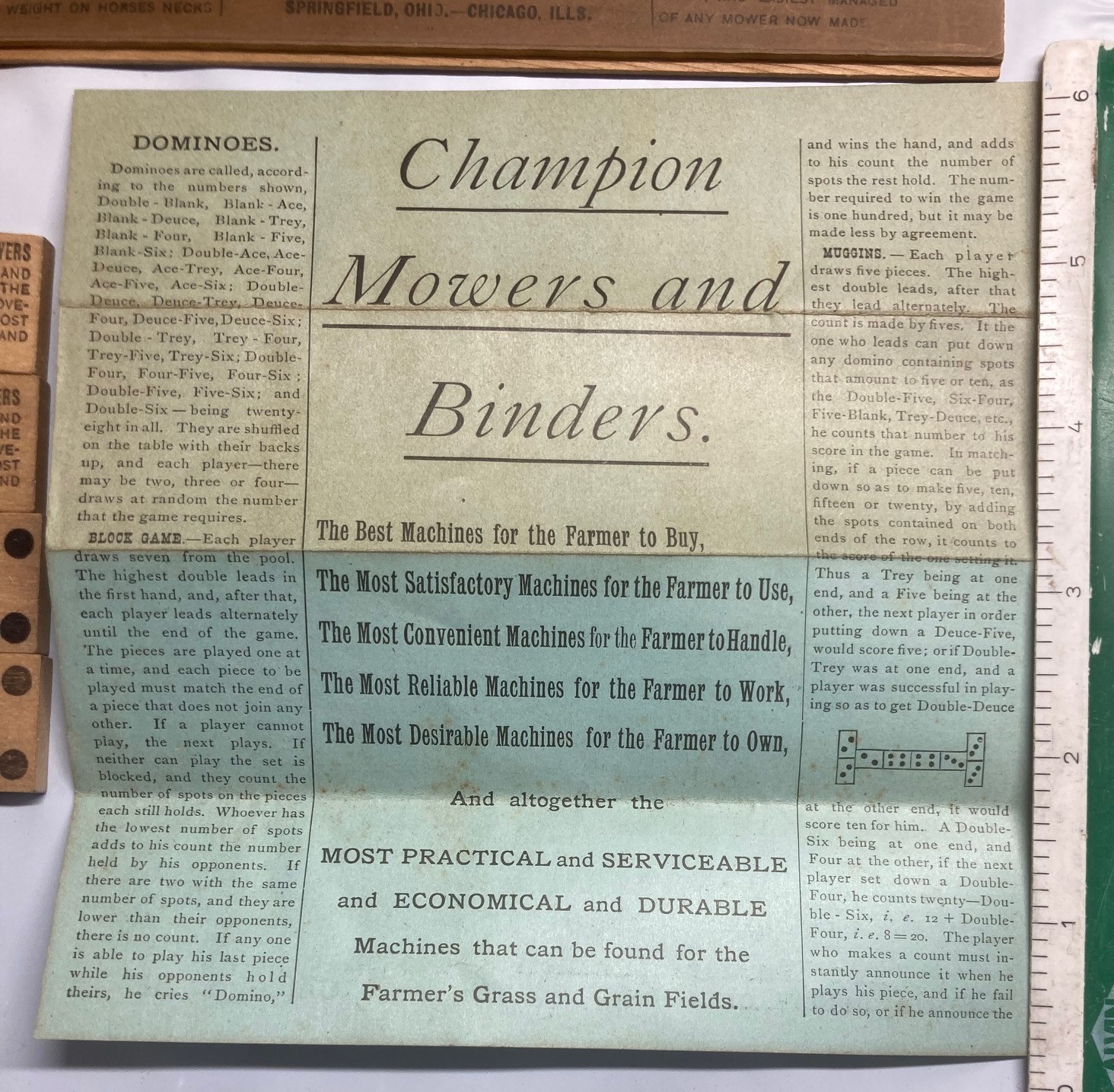 WARDER BUSHNELL & GLESSNER CHAMPION BINDER MOWER ADVERTISING PROMO DOMINOES SET