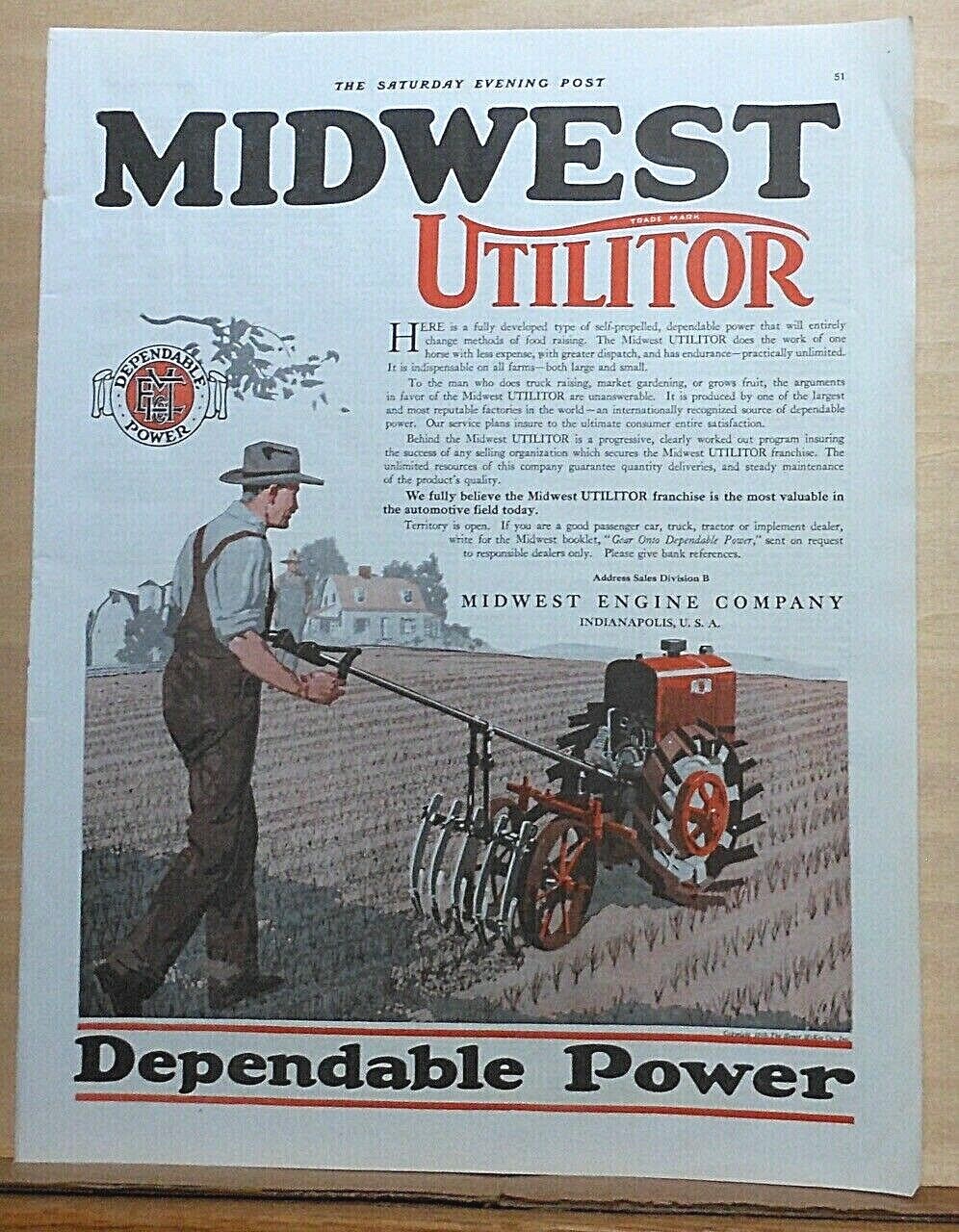 1919 magazine ad for Midwest Utilitor tractor – does work of one horse on farm