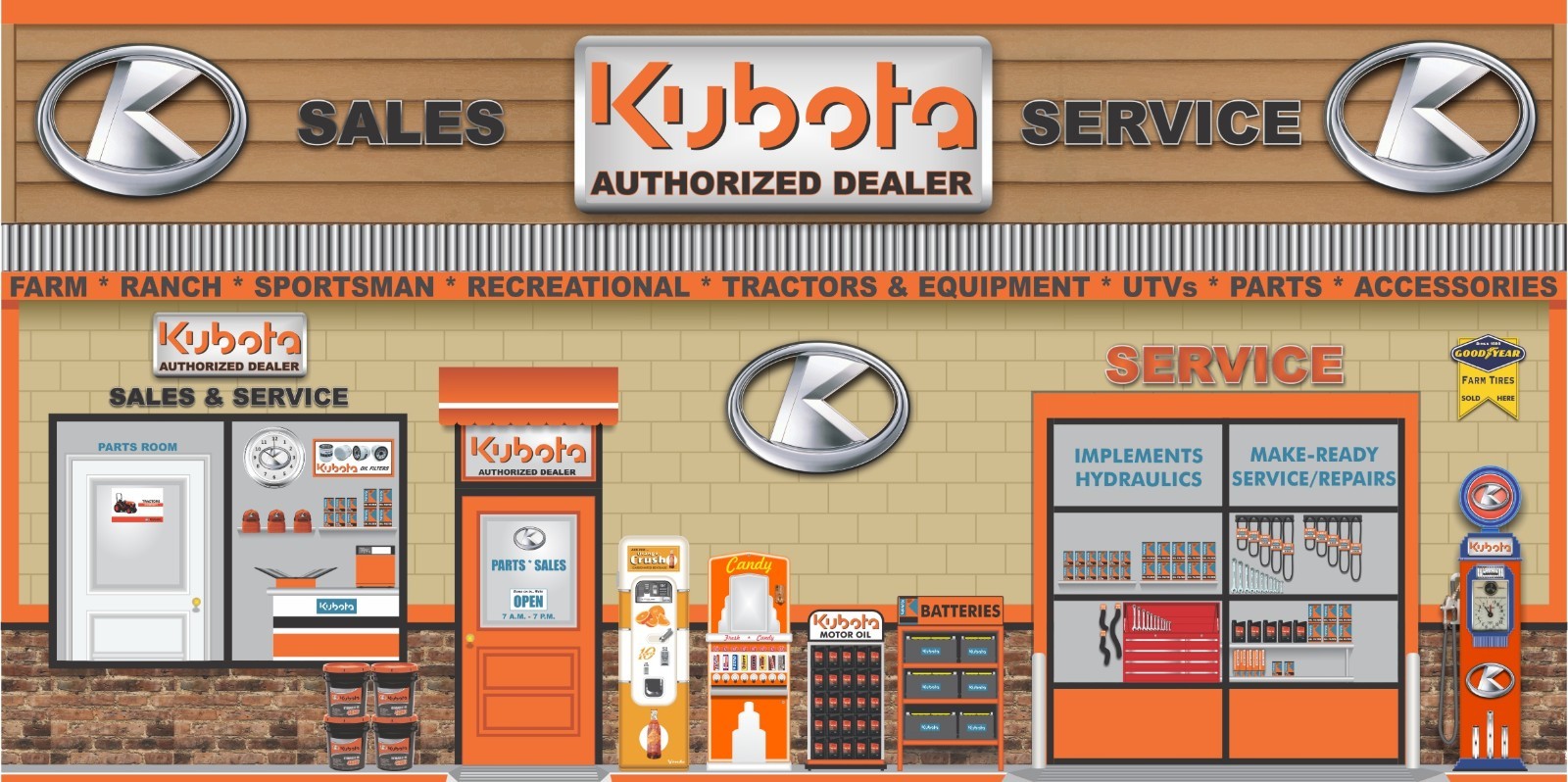 KUBOTA TRACTOR UTV DEALER SCENE WALL MURAL ART SIGN BACKDROP BANNER ART SIZE OPT