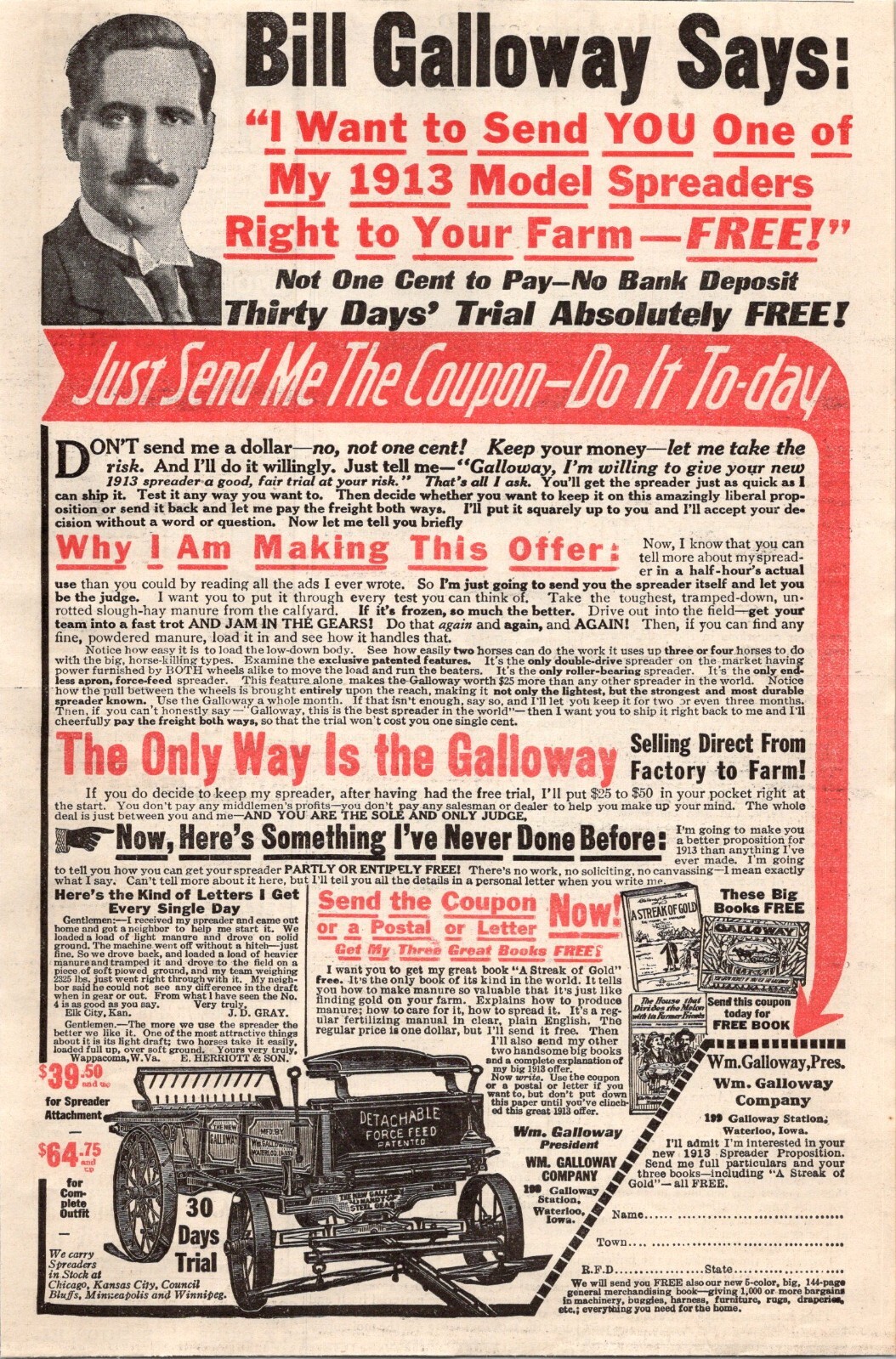 1913 Galloway Manure Spreader Antique Ad Successful Farming Waterloo Iowa Feed