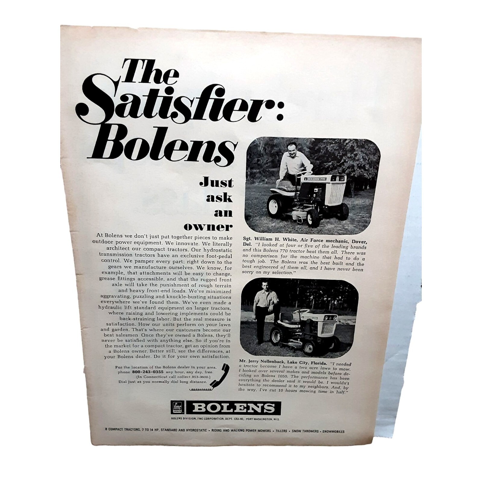Bolens Riding Mower Ad and New York Life 1969 Original Print Ad