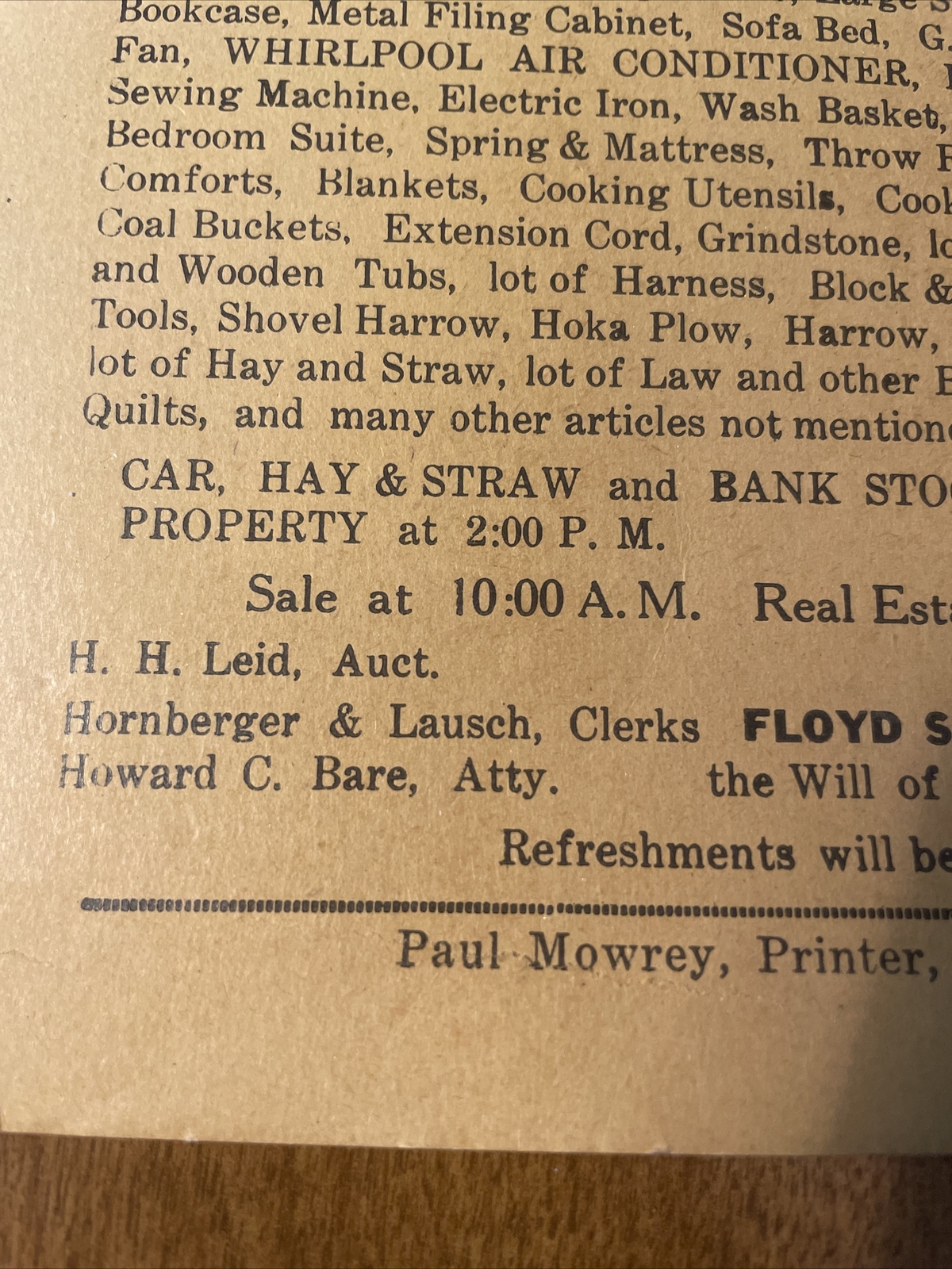 Public Sale Broadside Auction 1957 Bill FORD FAIRLANE BANK STOCK MORE