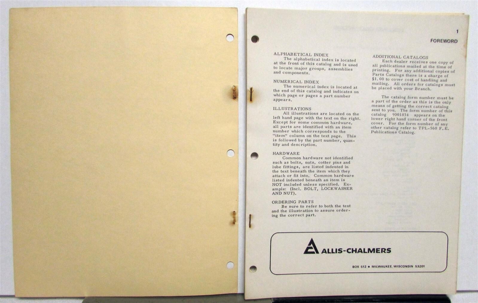 1970 Allis Chalmers Rolling Cultivators Series 100/200 Specs Parts Catalog