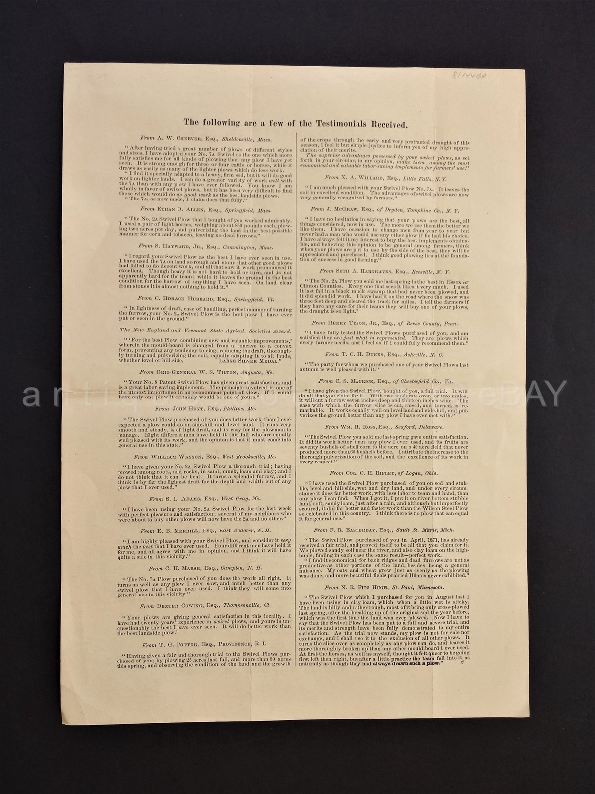 1883 antique MATCHLESS SWIVEL PLOW farm tool AD PRICES everett small boston ma
