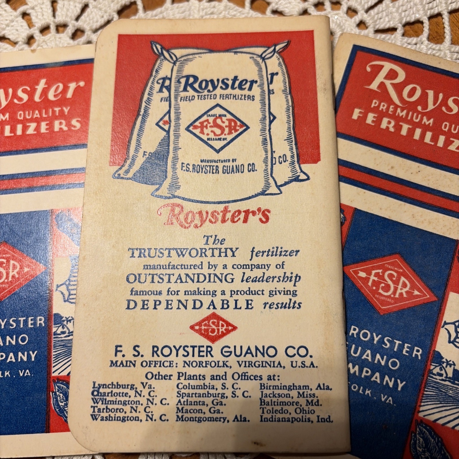 3) 1940 – 41 F.S. Royster Guano Co. Fertilizer Adv Pocket Memo Book Norfolk, VA