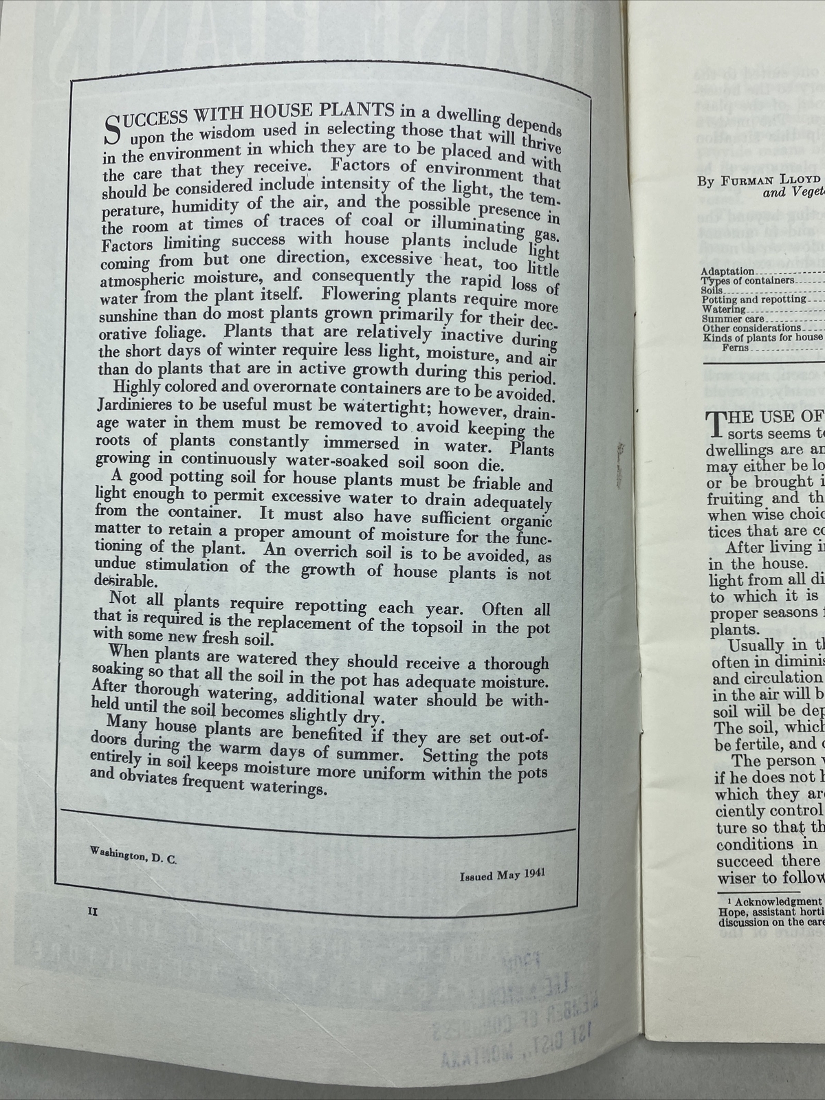 1946 USDA Farmers&rsquo; Bulletin No. 1872 House Plants Furman Lloyd Mulford