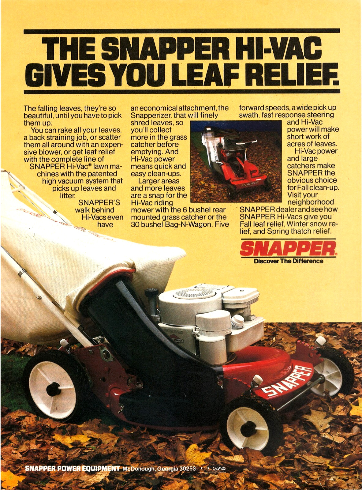 1982 Snapper Hi-Vac Lawn Mower Leaf Relief Vintage Print Ad 1980s Garage Art