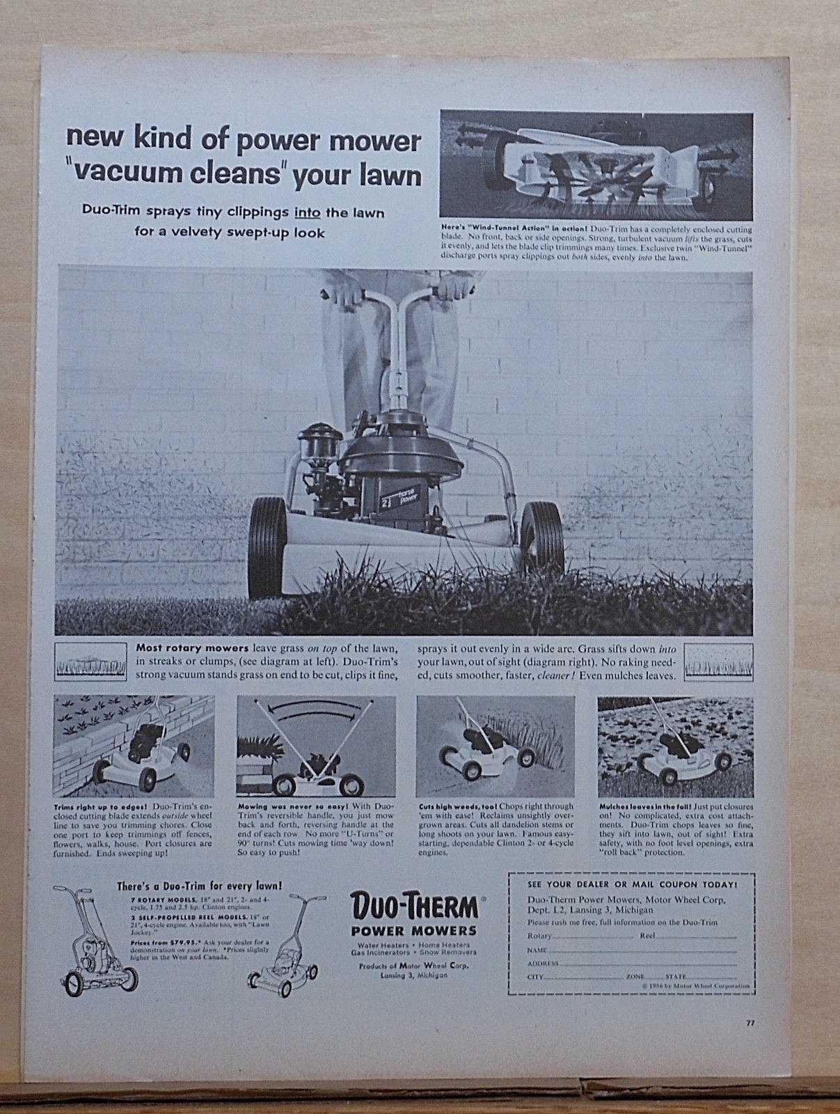 1956 magazine ad for Duo-Therm Power Mowers – Vacuum cleans your lawn!
