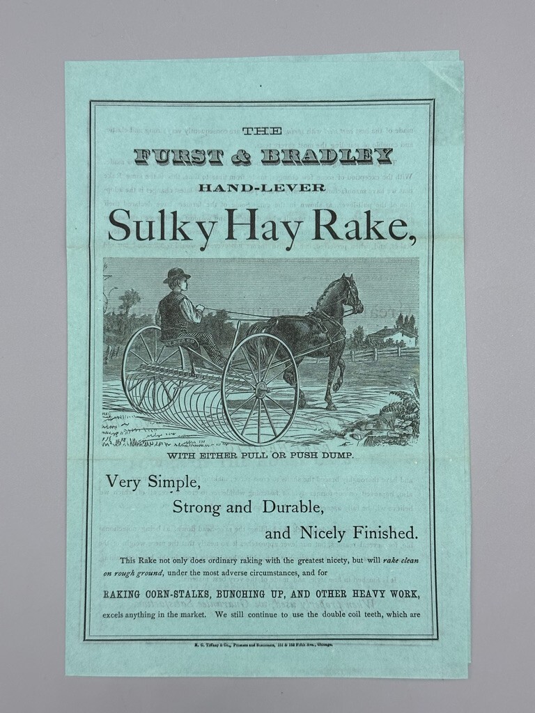 1880s FURST & BRADLEY Sulky Horse Hay Rake FARM Antique ADVERTISING Circular